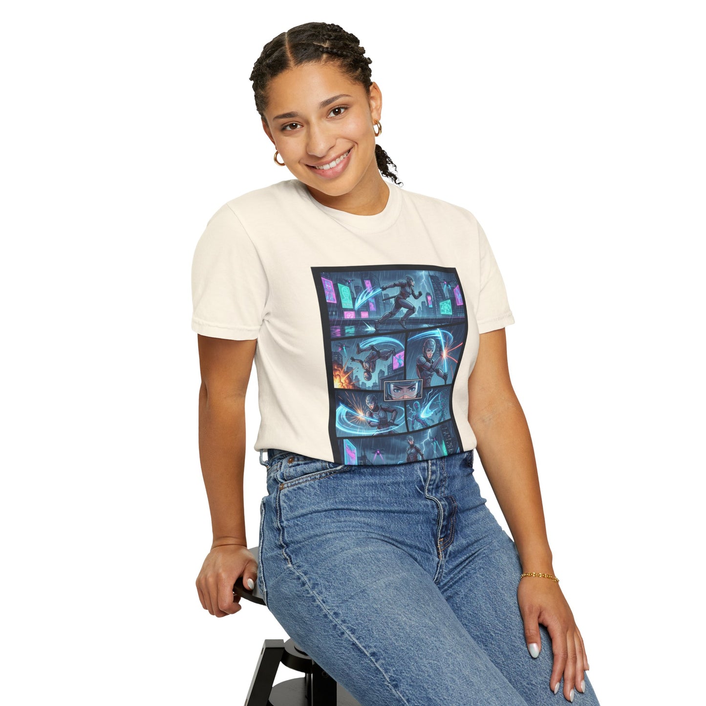 Cyberpunk Girl Samurai T-Shirt — Neon Manga Panel Graphic Tee