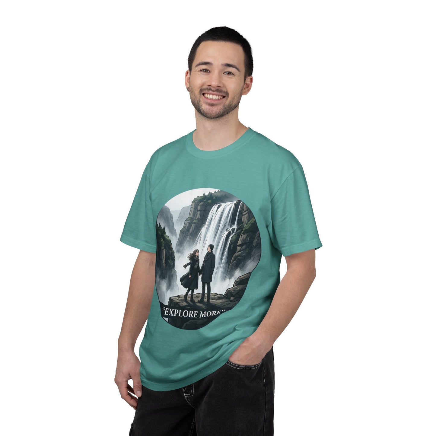 Explore More T-Shirt — Adventure Graphic Tee with Waterfall Scene