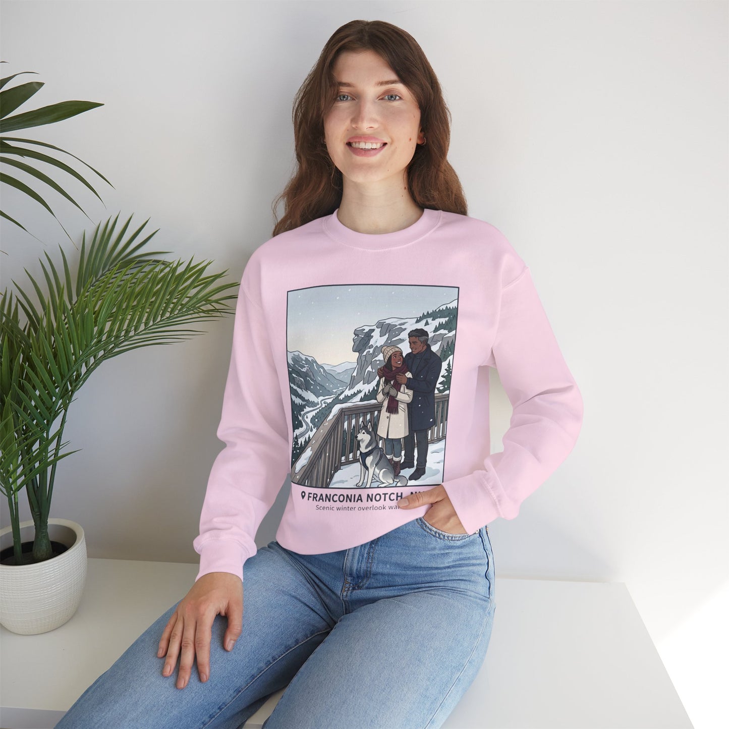 Crewneck Sweatshirt — Franconia Notch Winter Couple Scenic Graphic