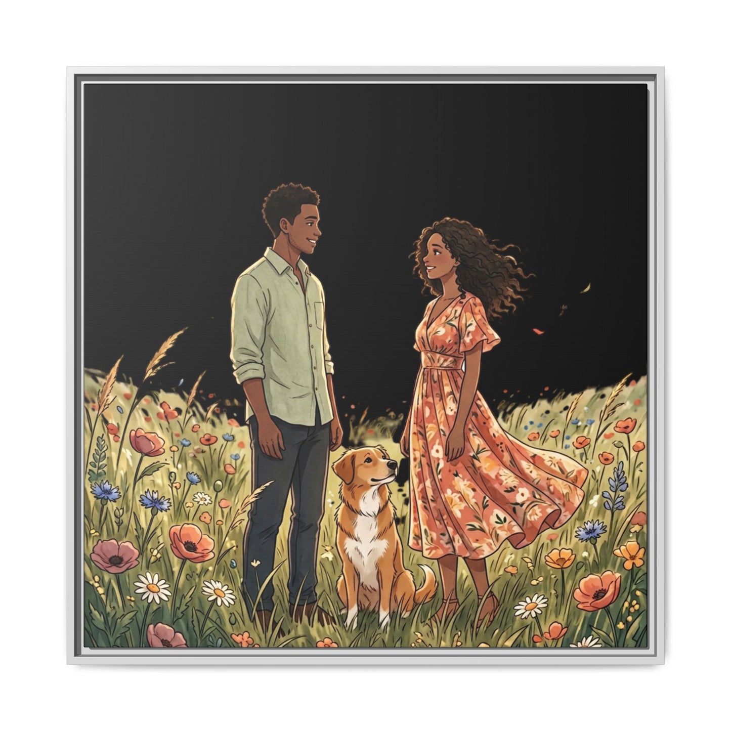 Framed Matte Canvas Print — Romantic Couple in Wildflower Field (Multi‑Color)