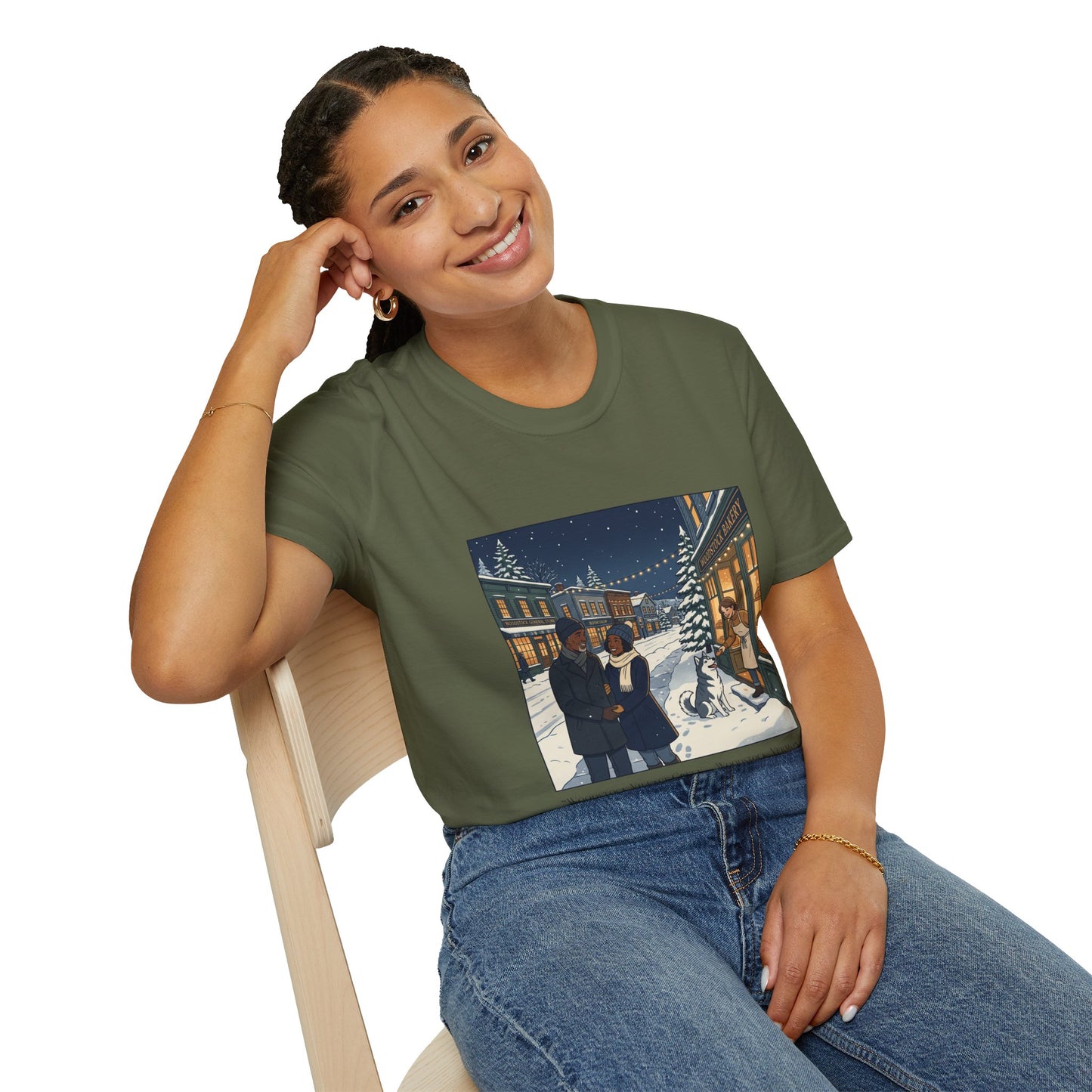 Winter String Lights Stroll T-Shirt — Cozy Holiday Street Scene Graphic Tee