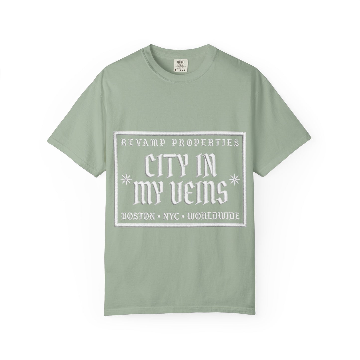 City In My Veins T‑Shirt — Vintage Cityscape Tee (Boston • NYC • Manchester)