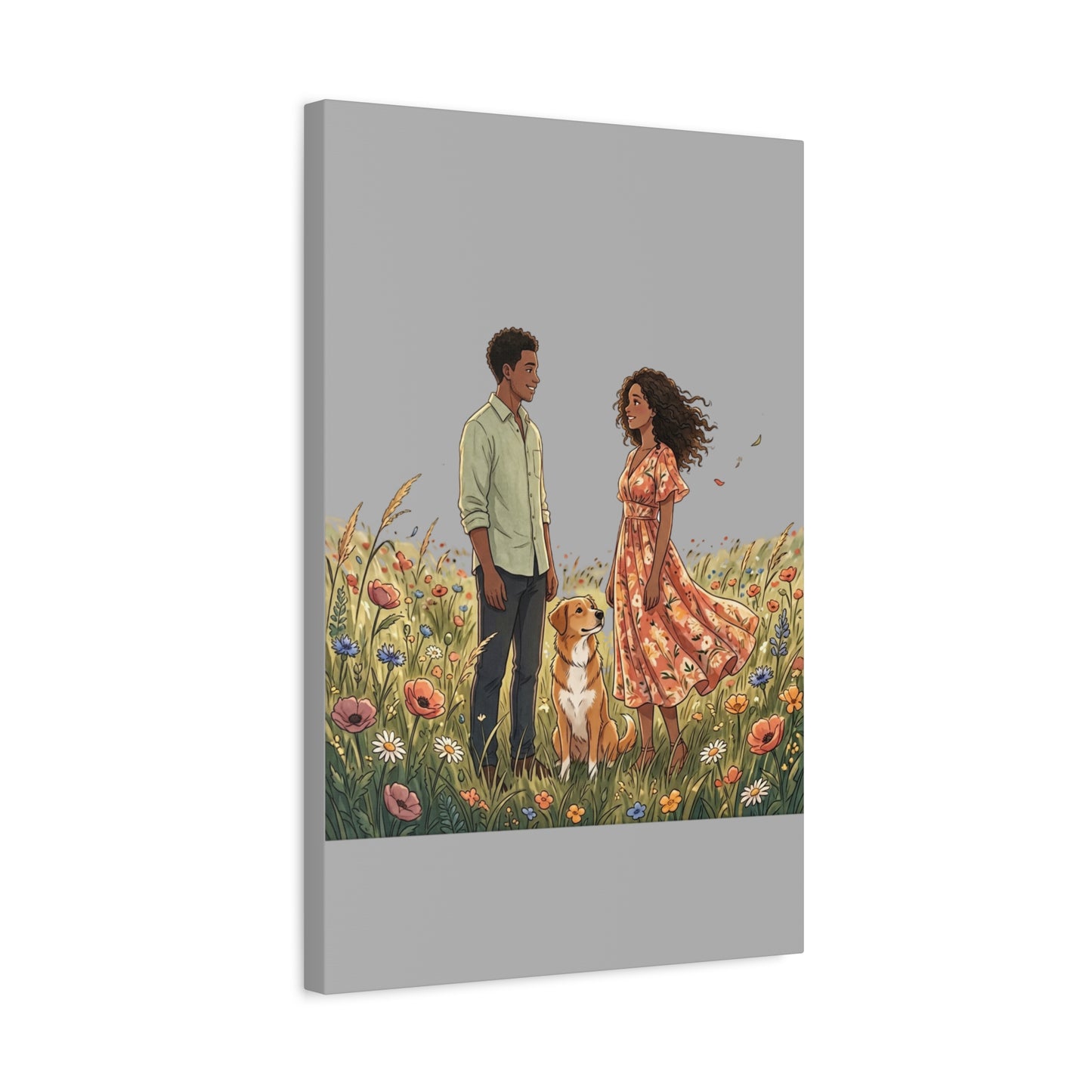 Romantic Couple in Wildflower Field Canvas Art — Black Love Wall Decor with Dog