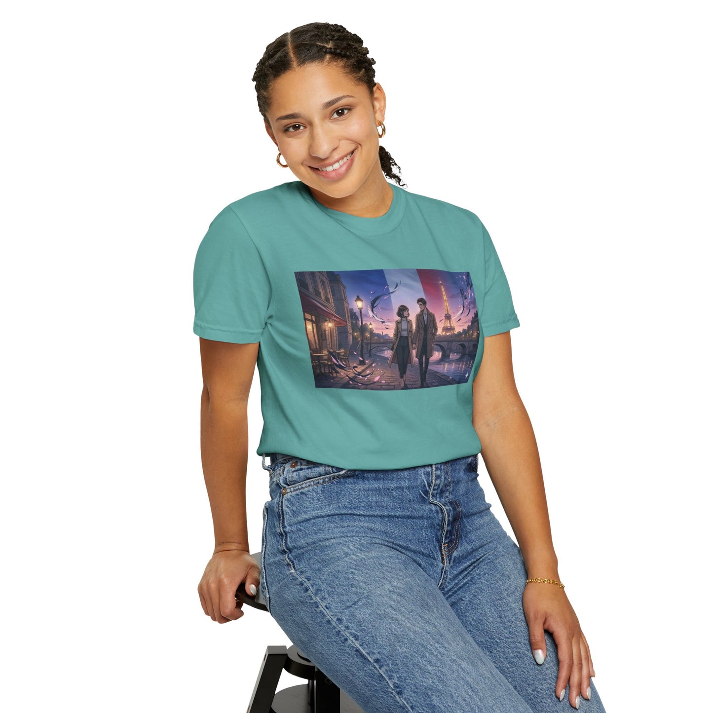 Couple Walking, Eiffel Tower - T-Shirt — Romantic Paris Nightscape Graphic Tee