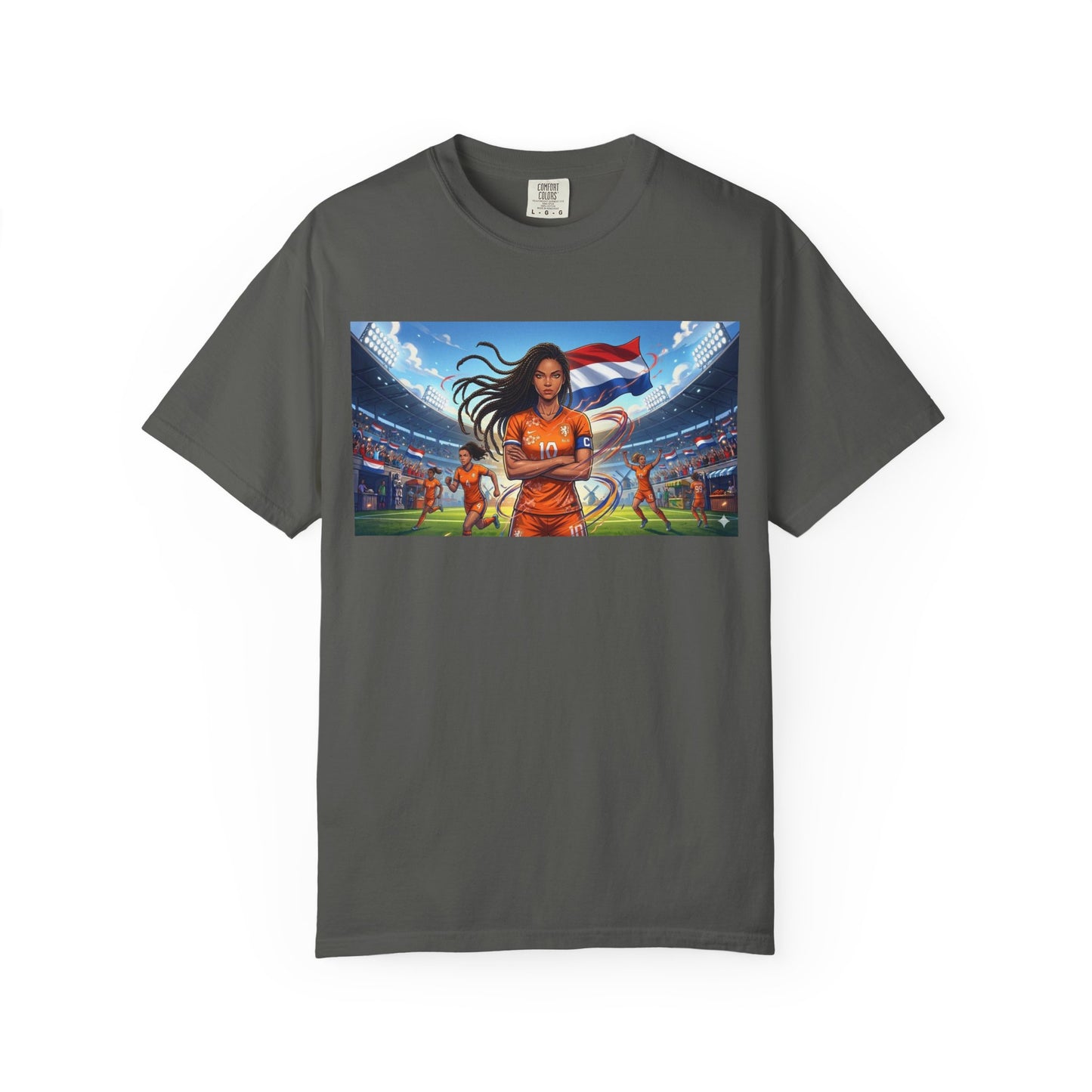 Soccer Warrior T-Shirt — Netherlands Female Captain with Flag Stadium Graphic
