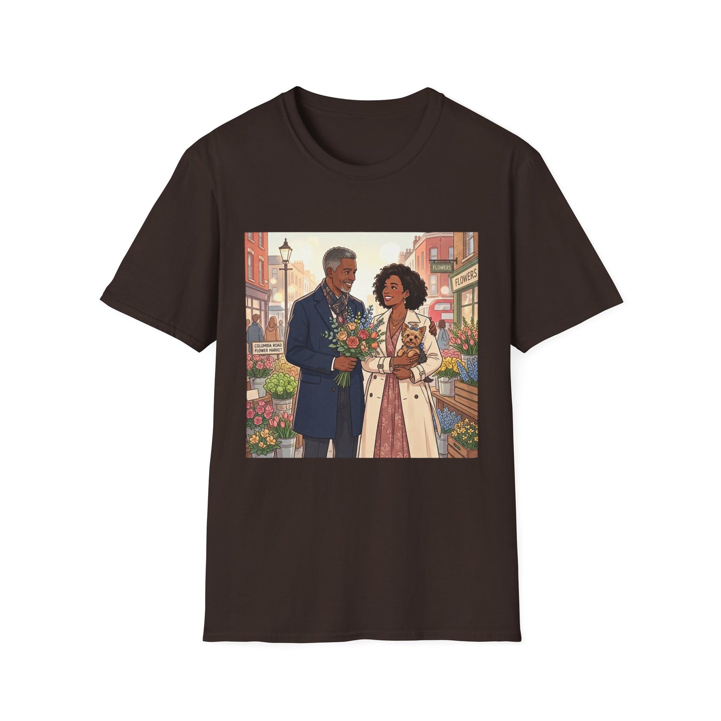 Romantic City Stroll T-Shirt — Couple Bouquet Illustration
