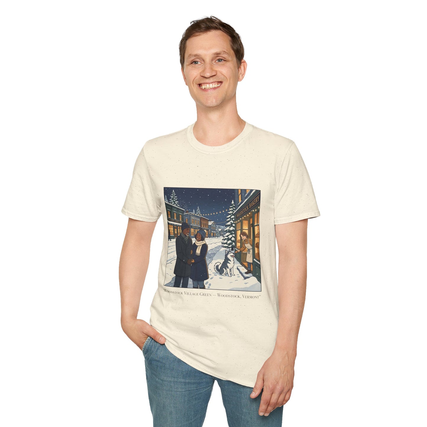 Winter String Lights Stroll T-Shirt — Cozy Holiday Street Scene Graphic Tee