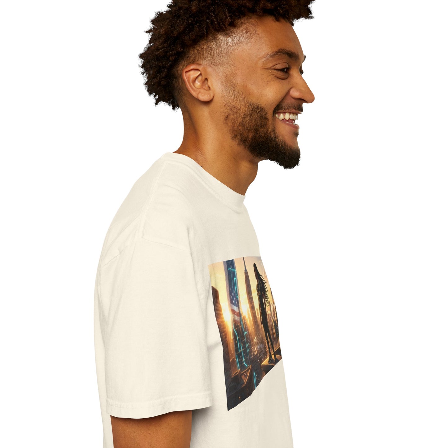 Cyberpunk Cityscape T-Shirt — Silhouette Hero at Sunset
