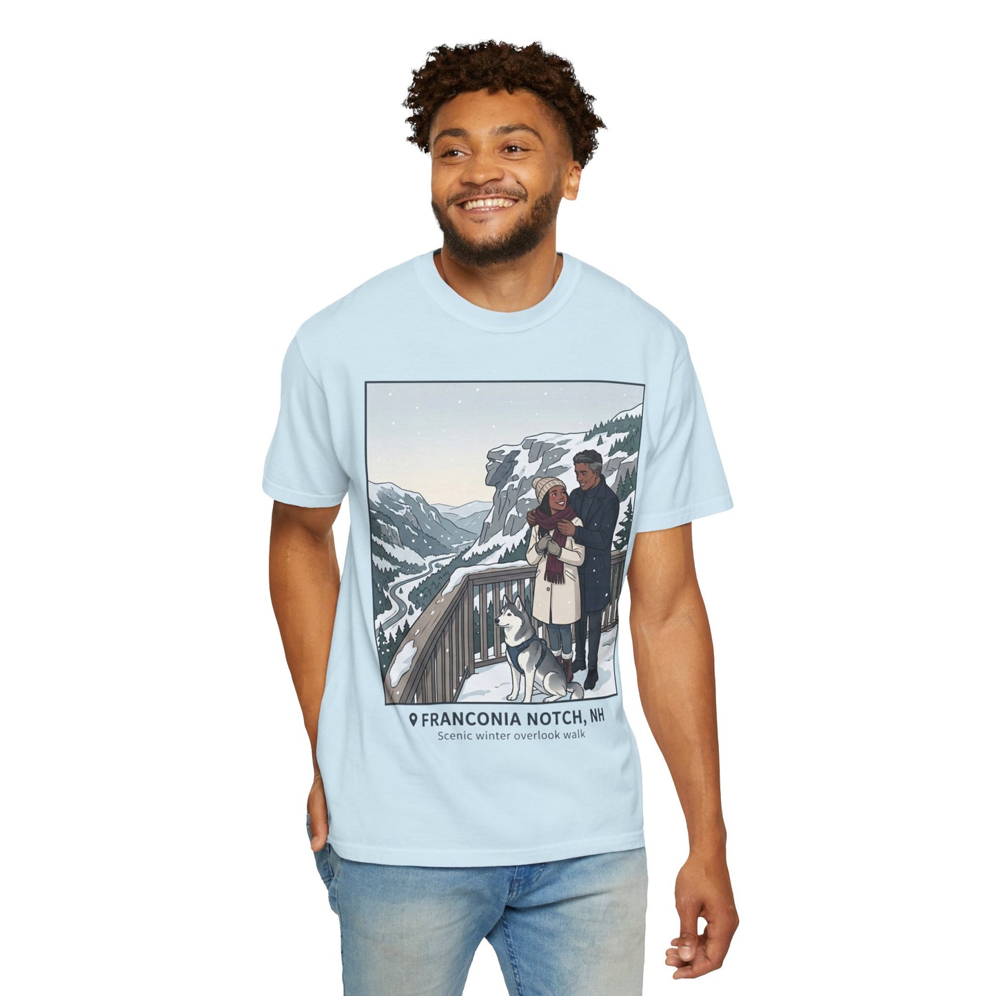 Franconia Notch NH Winter View T-Shirt — Scenic Couple & Husky Travel Tee