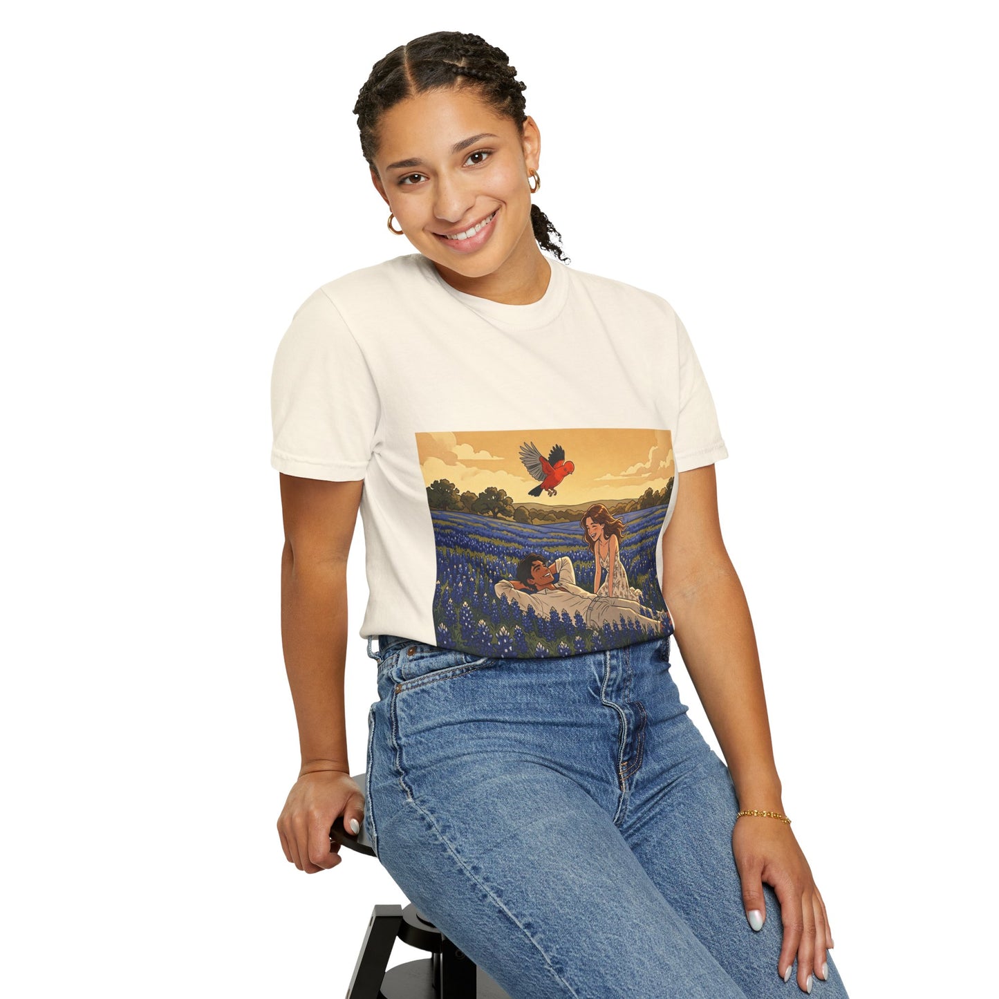 Romantic Bluebonnet Field T-Shirt — Couple in Wildflower Meadow Art Tee