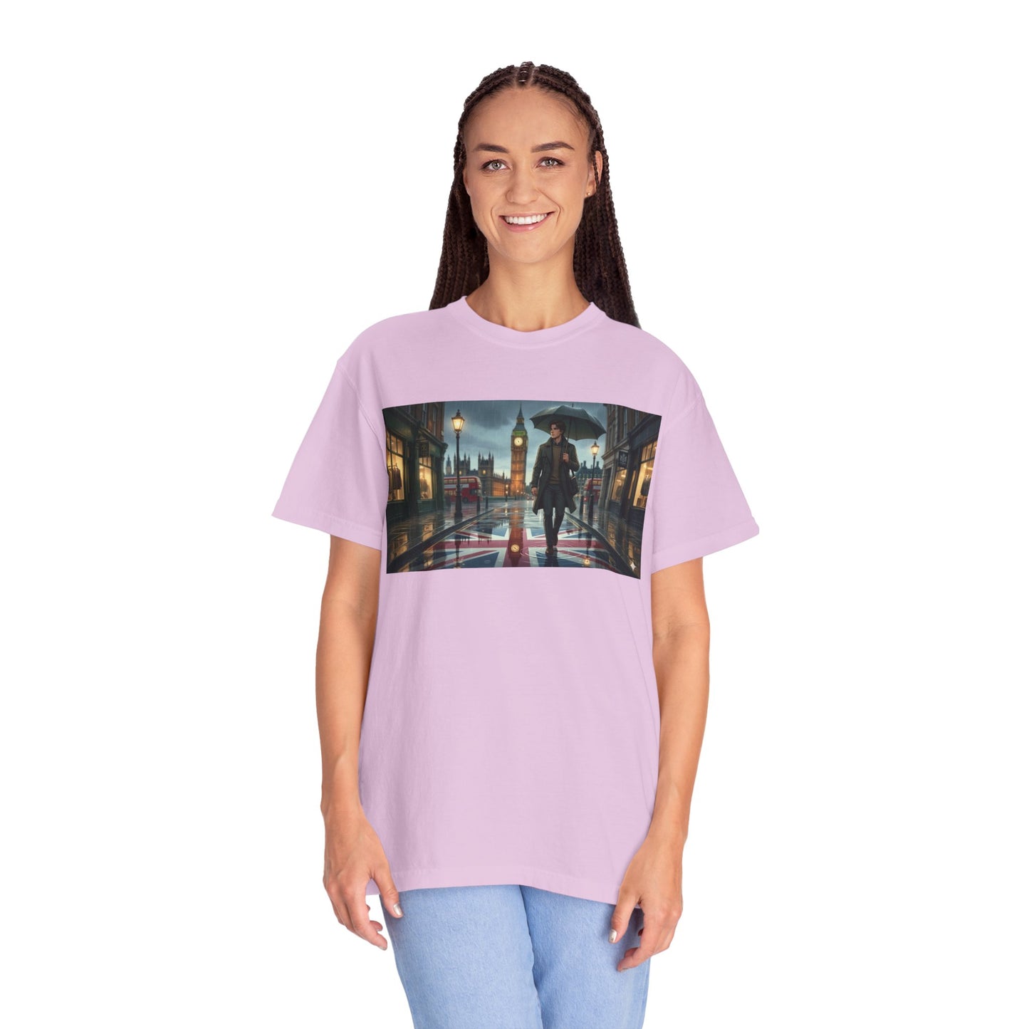 T-Shirt — Rainy London Street Scene Graphic Tee (Big Ben, Umbrella, Night Cityscape)