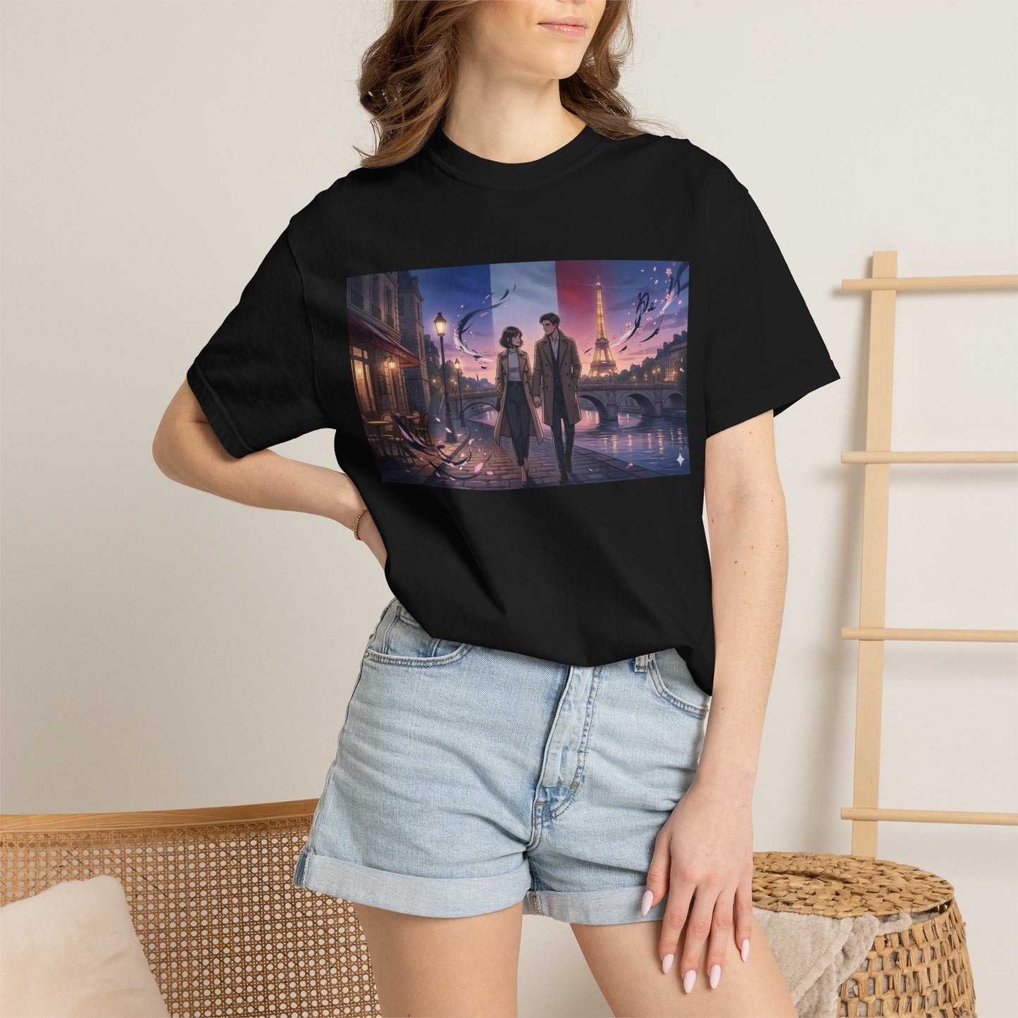 Couple Walking, Eiffel Tower - T-Shirt — Romantic Paris Nightscape Graphic Tee
