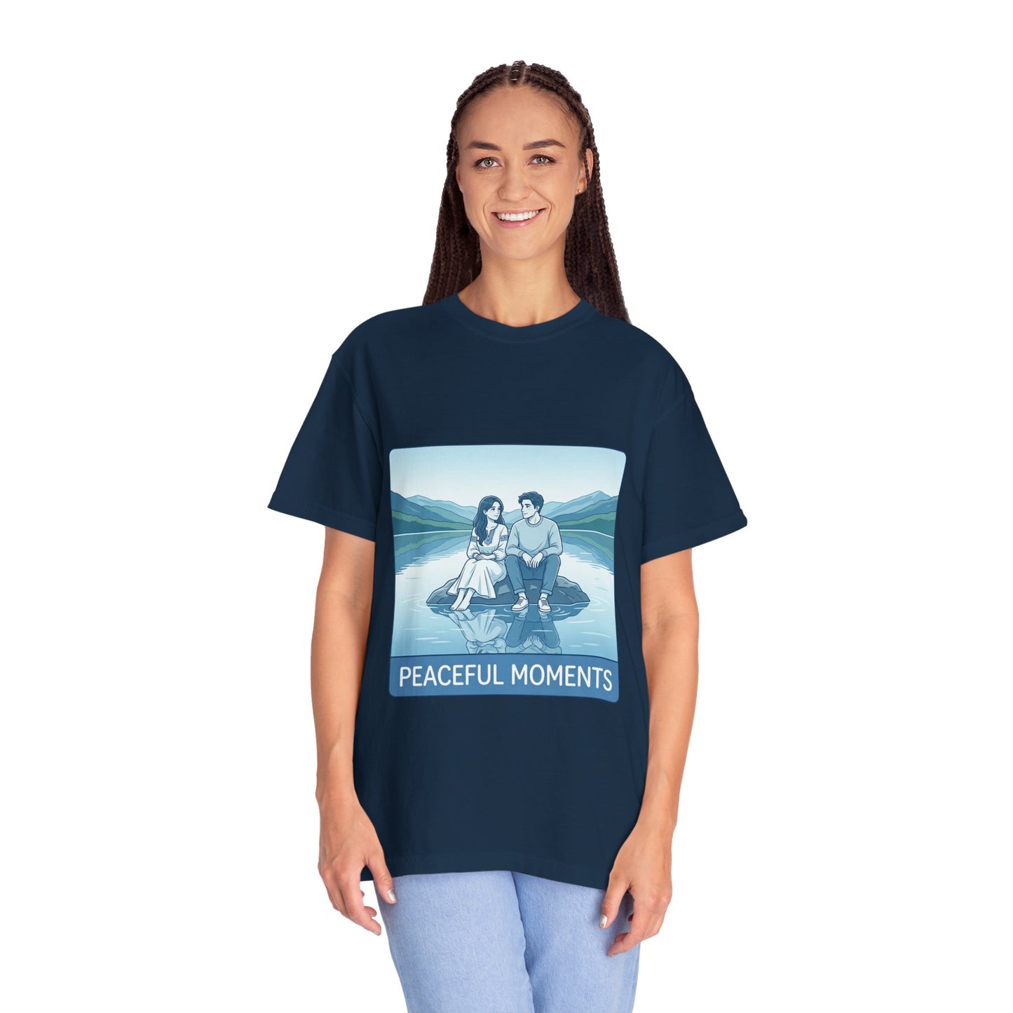 Peaceful Moments Tee — Couple Sitting by Lake Graphic T-Shirt