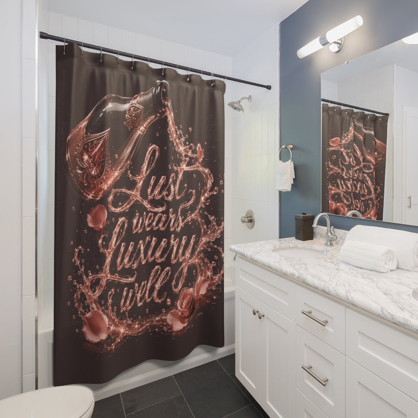 Lust Wears Luxury Well Shower Curtain – Luxe Rose Gold Script Bathroom Decor