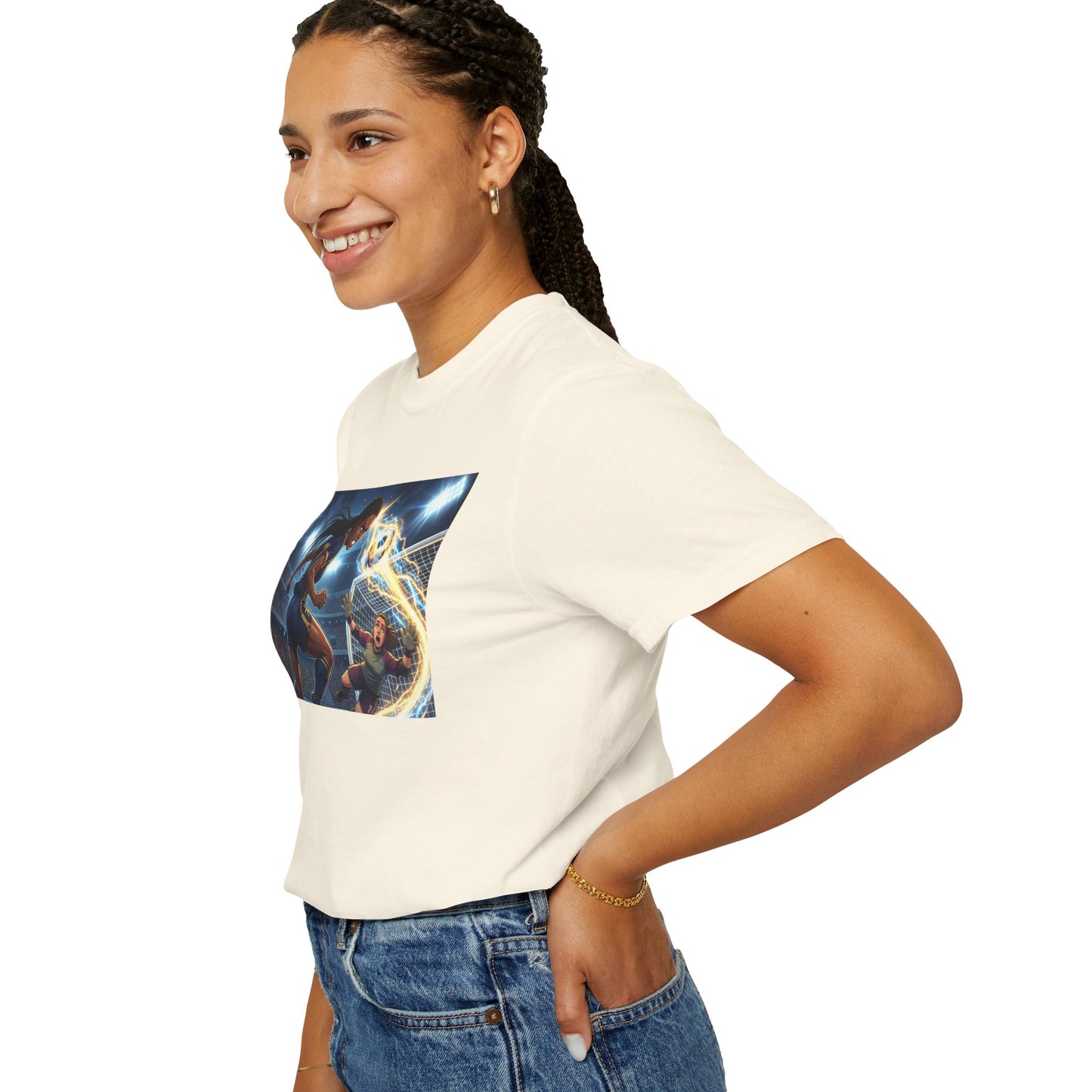 Soccer Duel Graphic T-Shirt — Futuristic Goalkeeper vs Striker Stadium Print