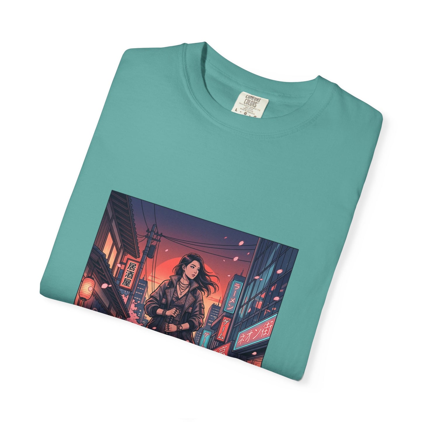 Cyberpunk Night Streets T‑Shirt — Neon Samurai Girl Graphic Tee