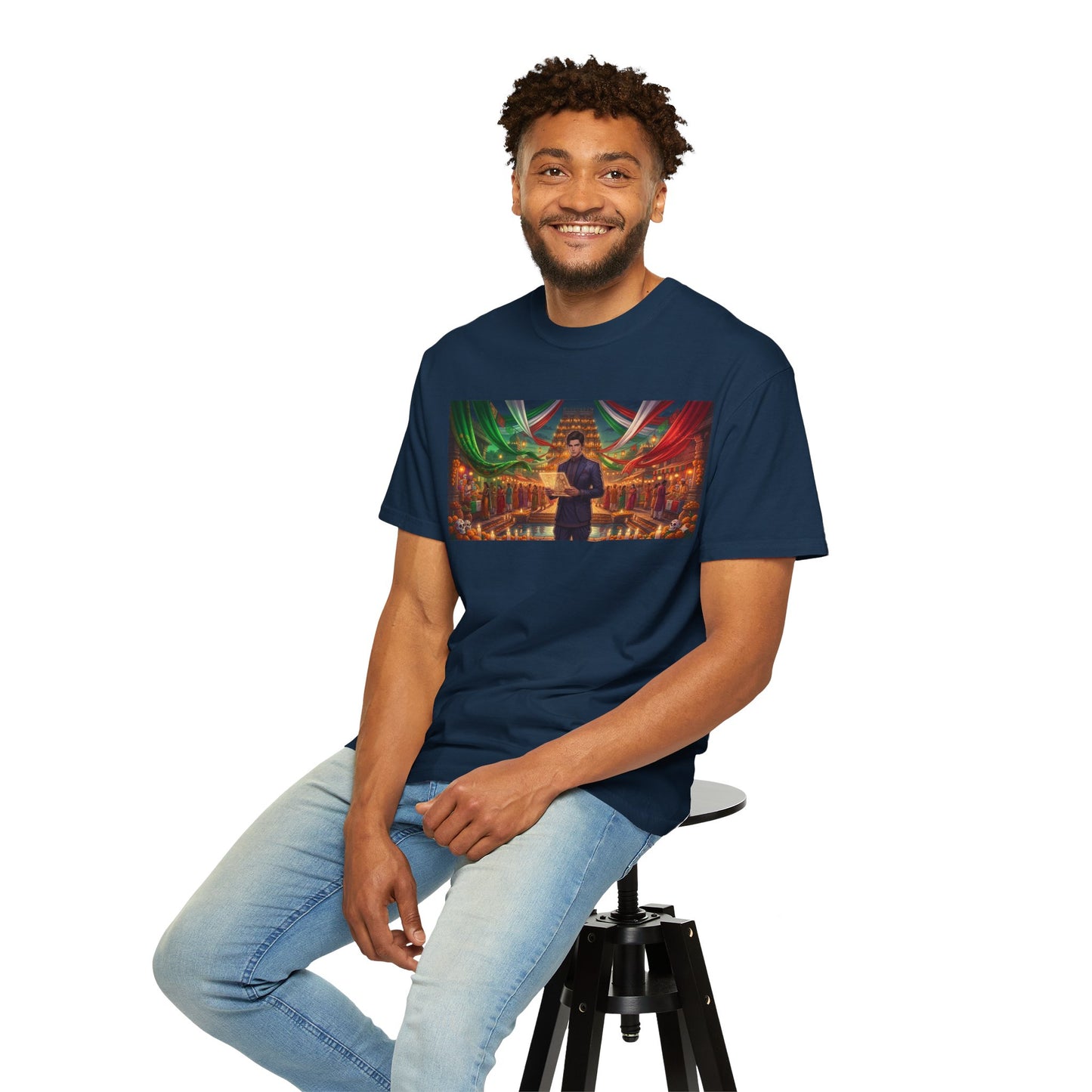 T-Shirt — Dragon Temple Night Scene Graphic Tee (Monk with Dragons)