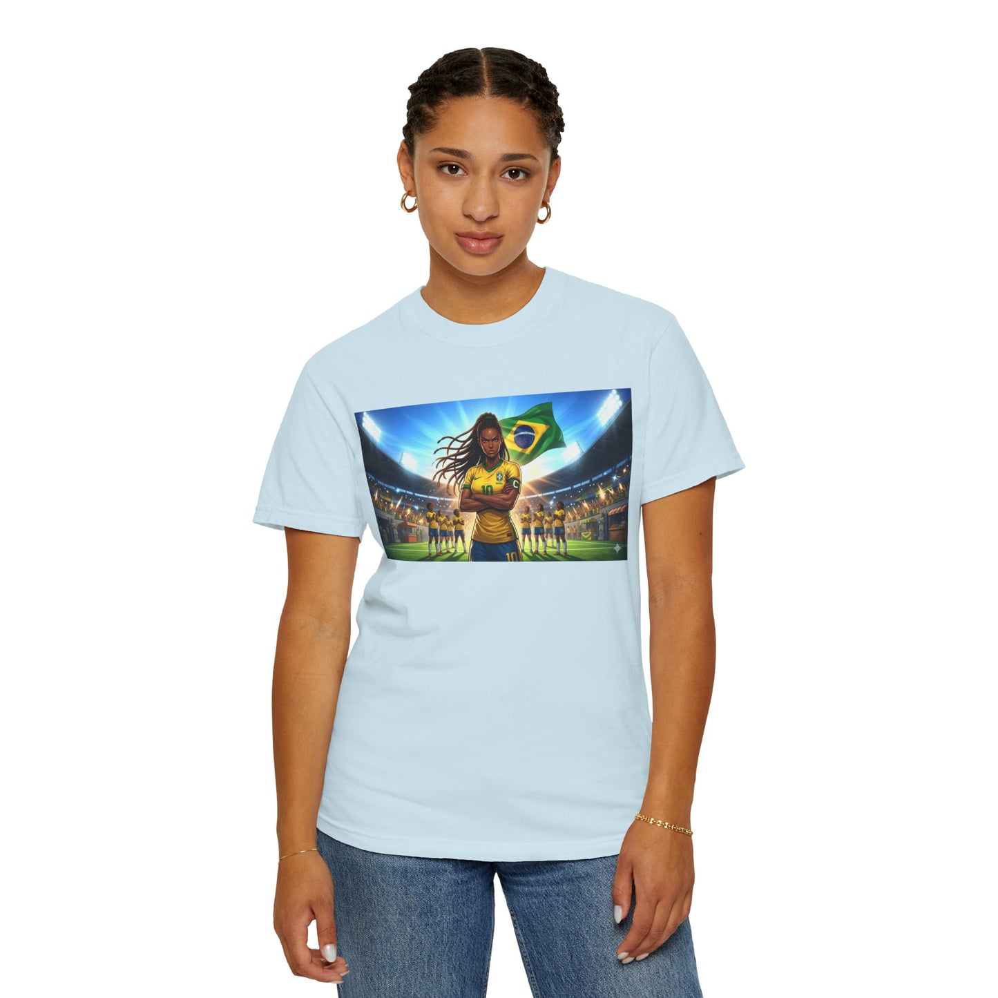 Brazil Soccer Captain T-Shirt — Player Holding Ball with Brazilian Flag Stadium Graphic