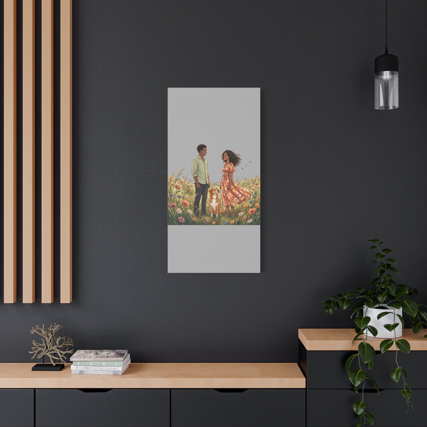 Romantic Couple in Wildflower Field Canvas Art — Black Love Wall Decor with Dog