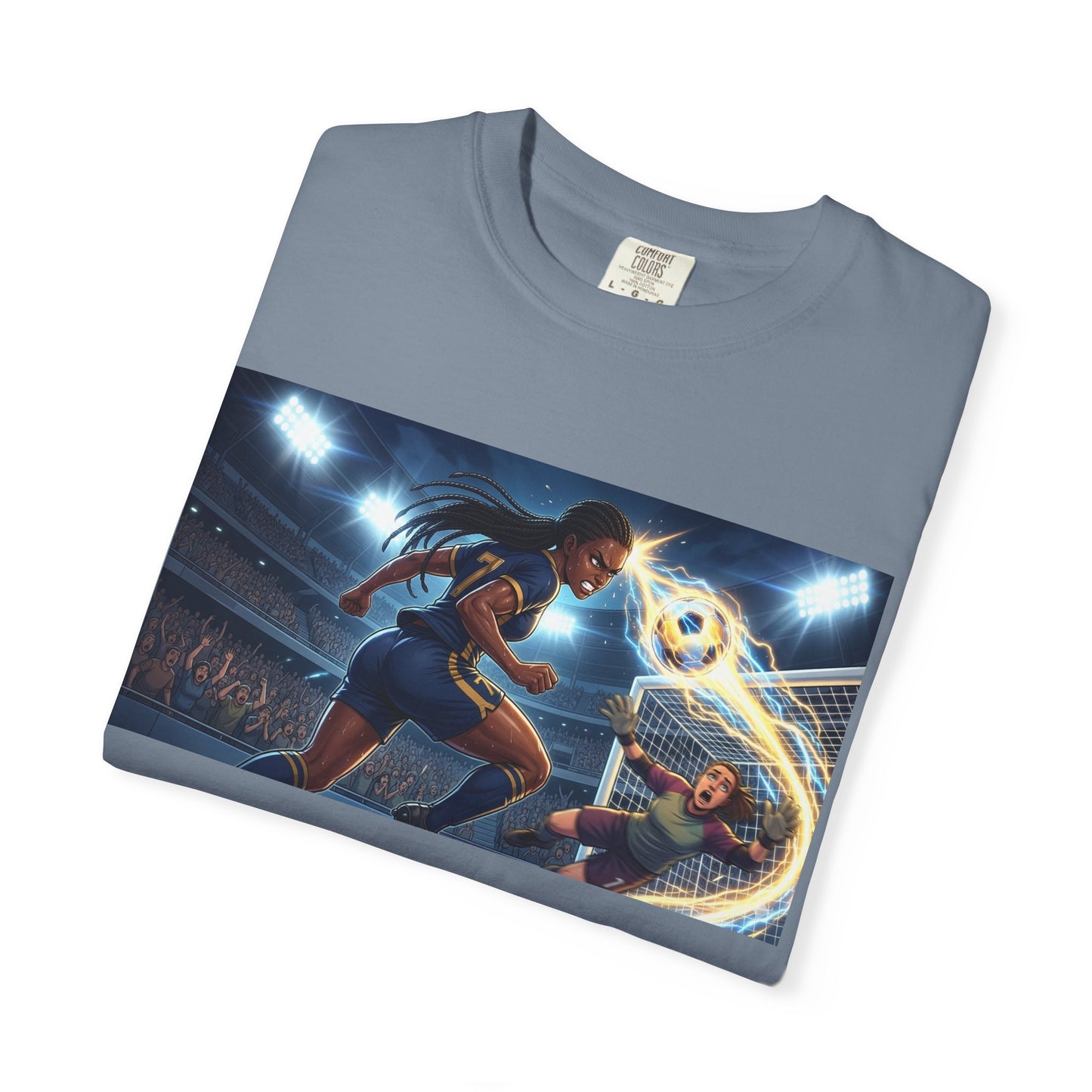 Soccer Duel Graphic T-Shirt — Futuristic Goalkeeper vs Striker Stadium Print
