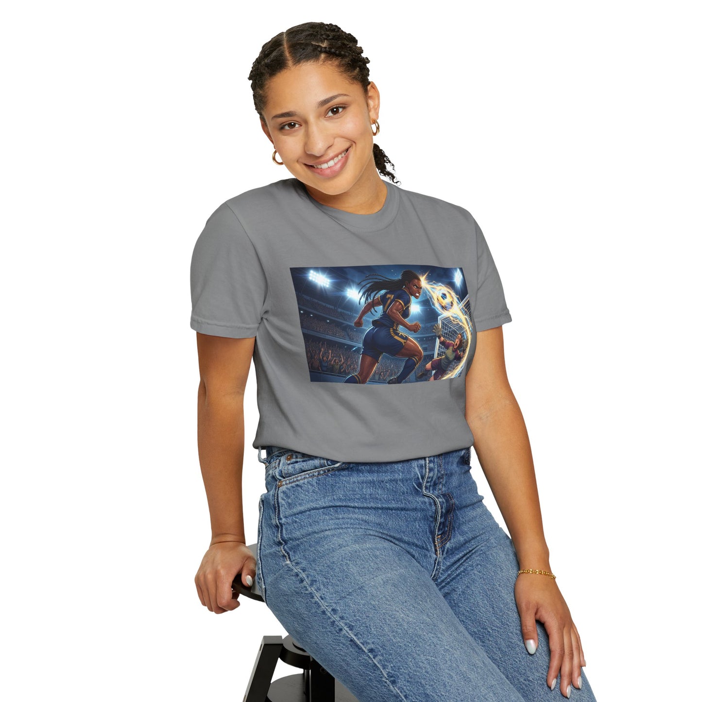 Soccer Duel Graphic T-Shirt — Futuristic Goalkeeper vs Striker Stadium Print