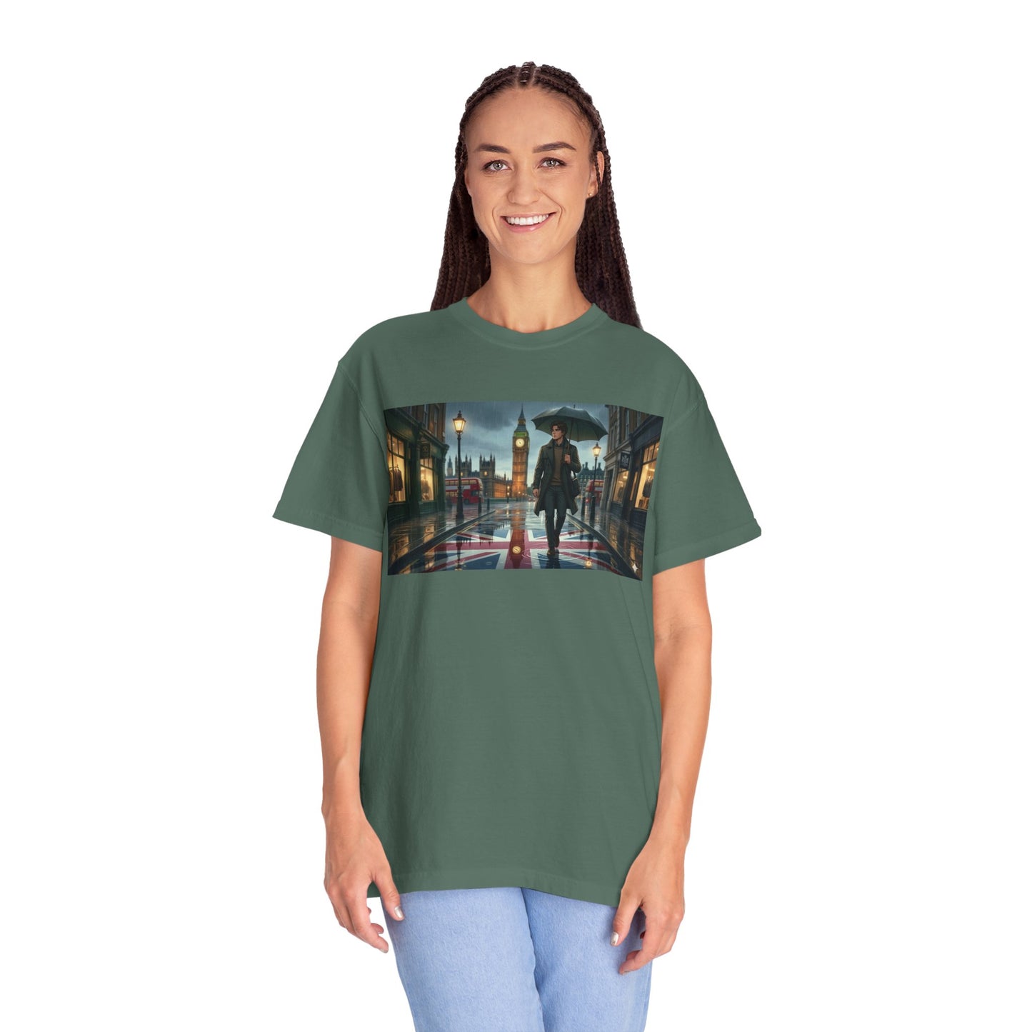 T-Shirt — Rainy London Street Scene Graphic Tee (Big Ben, Umbrella, Night Cityscape)