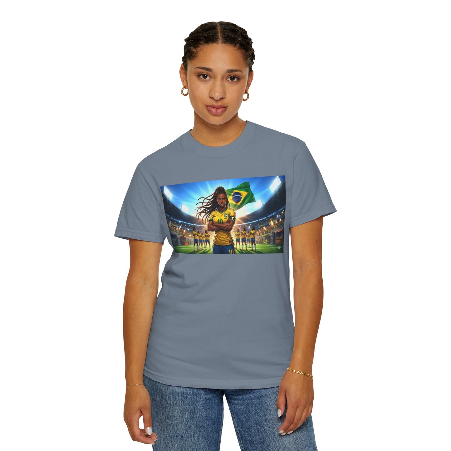 Brazil Soccer Captain T-Shirt — Player Holding Ball with Brazilian Flag Stadium Graphic