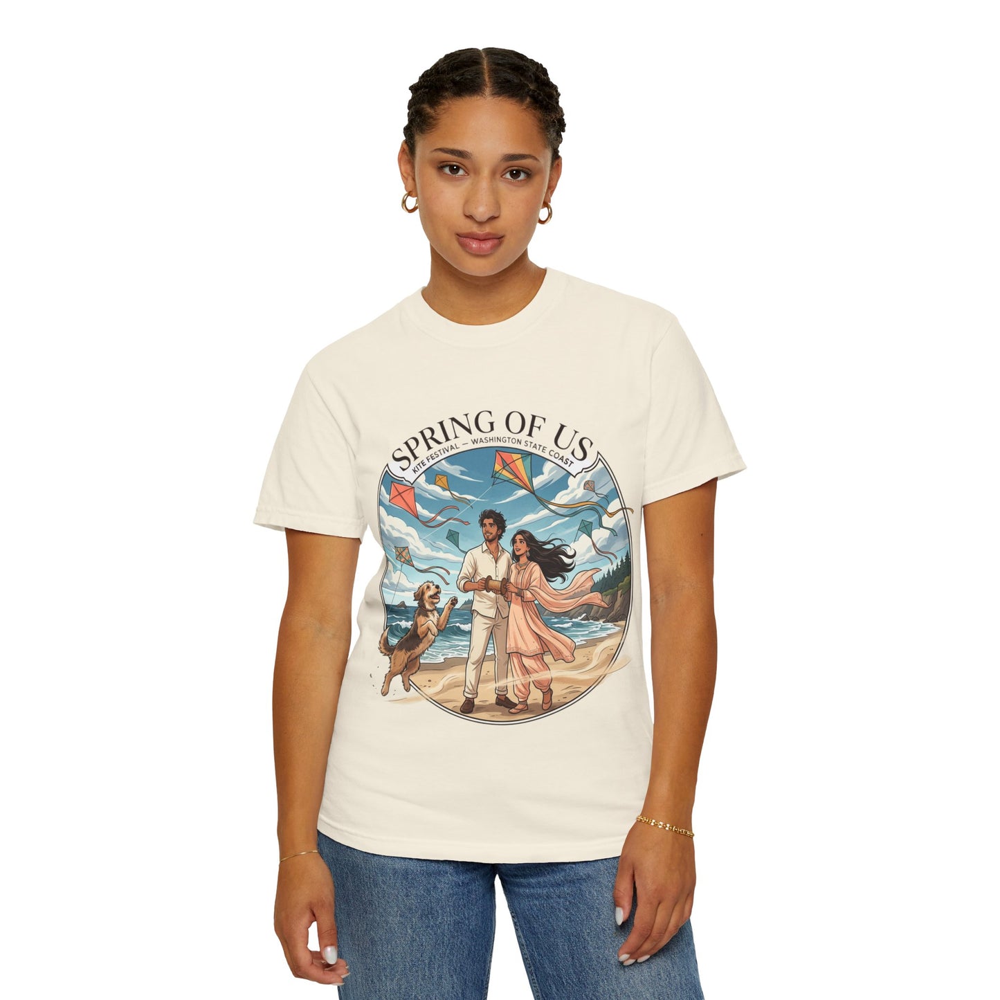 Spring of Us T-Shirt — Romantic Beach Couple Illustration with Dog