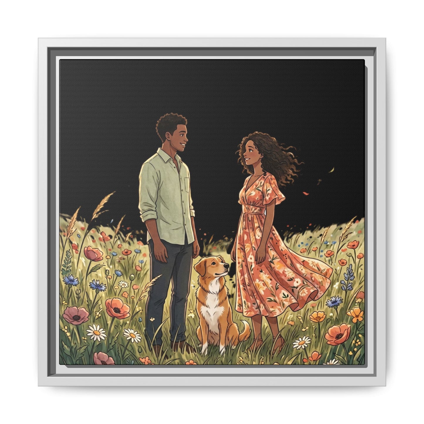 Framed Matte Canvas Print — Romantic Couple in Wildflower Field (Multi‑Color)