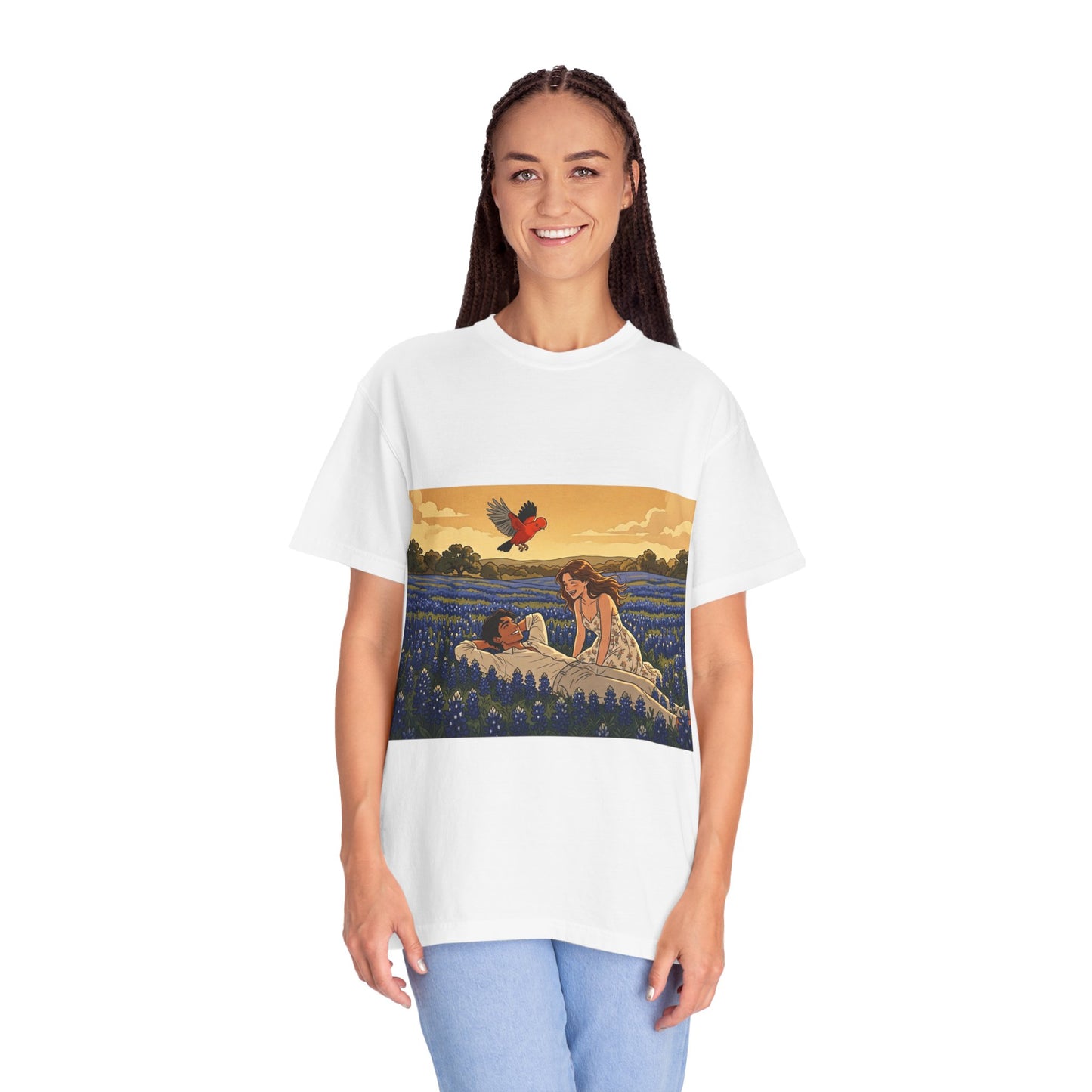 Romantic Bluebonnet Field T-Shirt — Couple in Wildflower Meadow Art Tee