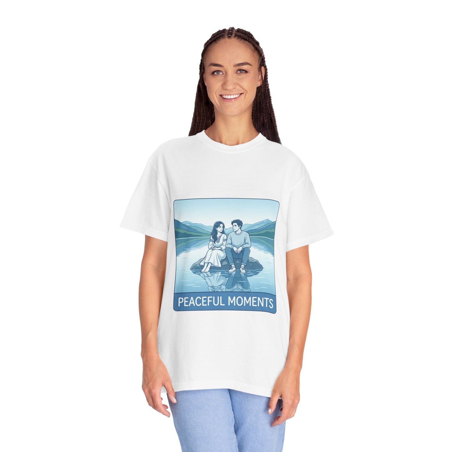 Peaceful Moments Tee — Couple Sitting by Lake Graphic T-Shirt