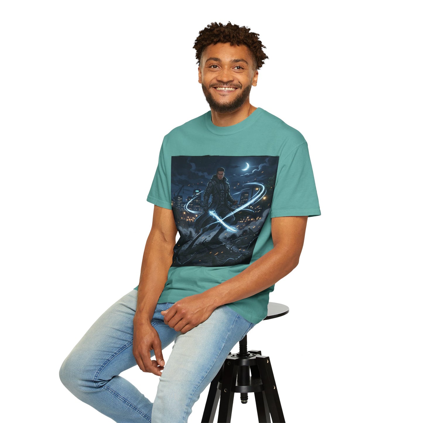Urban Night Warrior T-Shirt — Neon Samurai Cityscape
