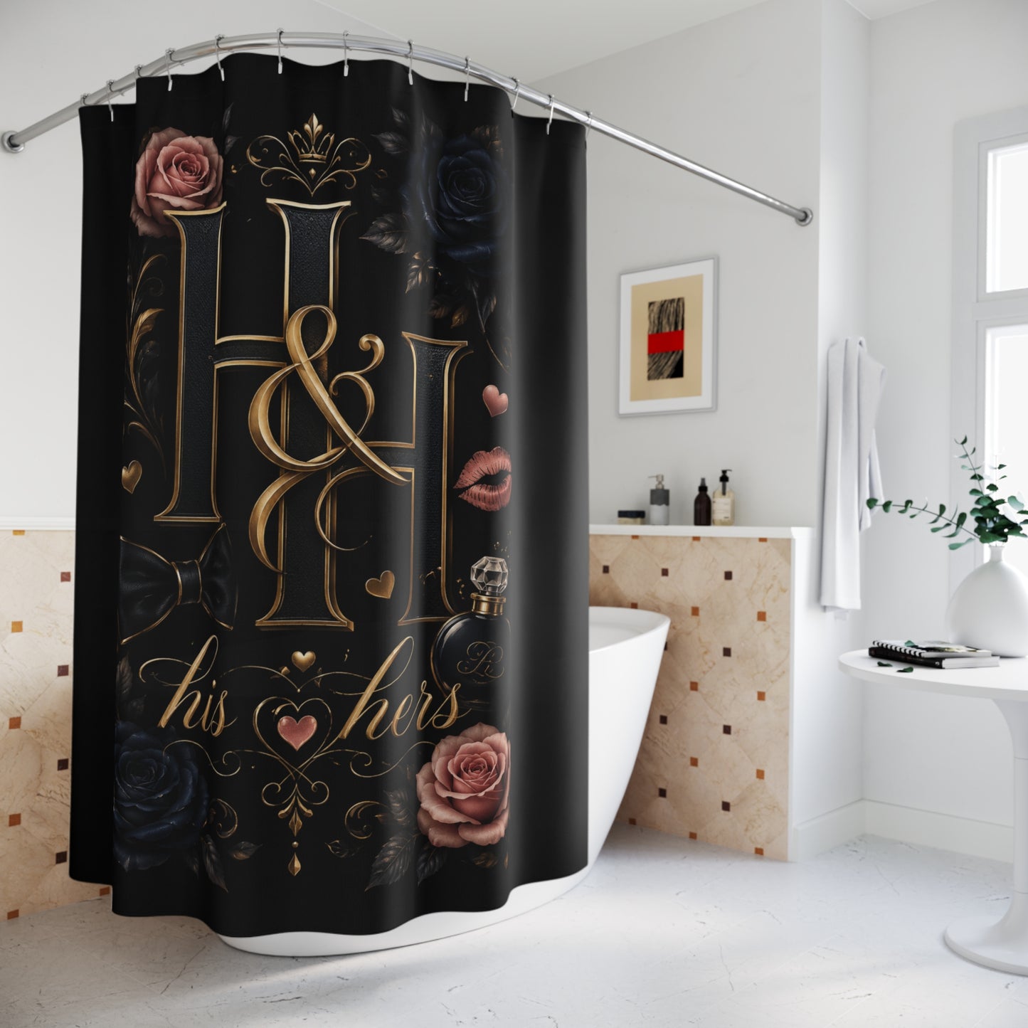 Dark Romance Monogram Shower Curtain – Obsidian Garden Décor