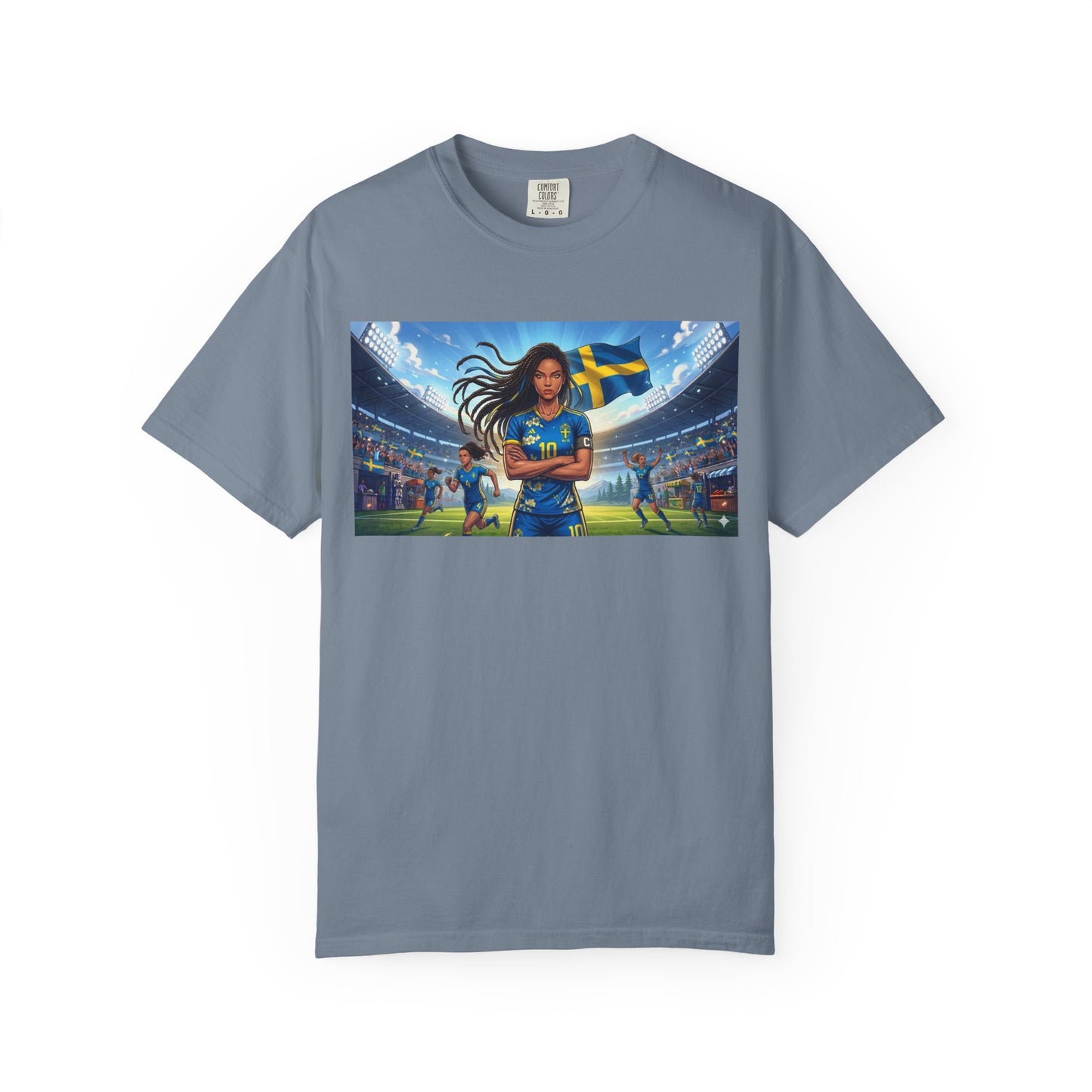 Swedish Soccer Pride T-Shirt — Female Footballer with Flag Stadium Design