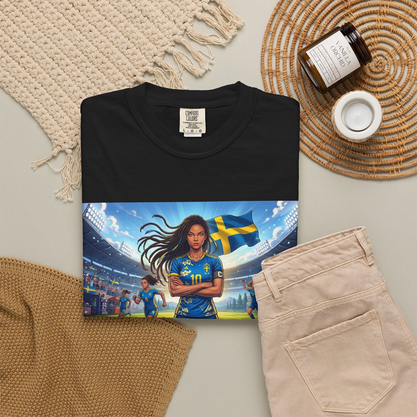 Swedish Soccer Pride T-Shirt — Female Footballer with Flag Stadium Design