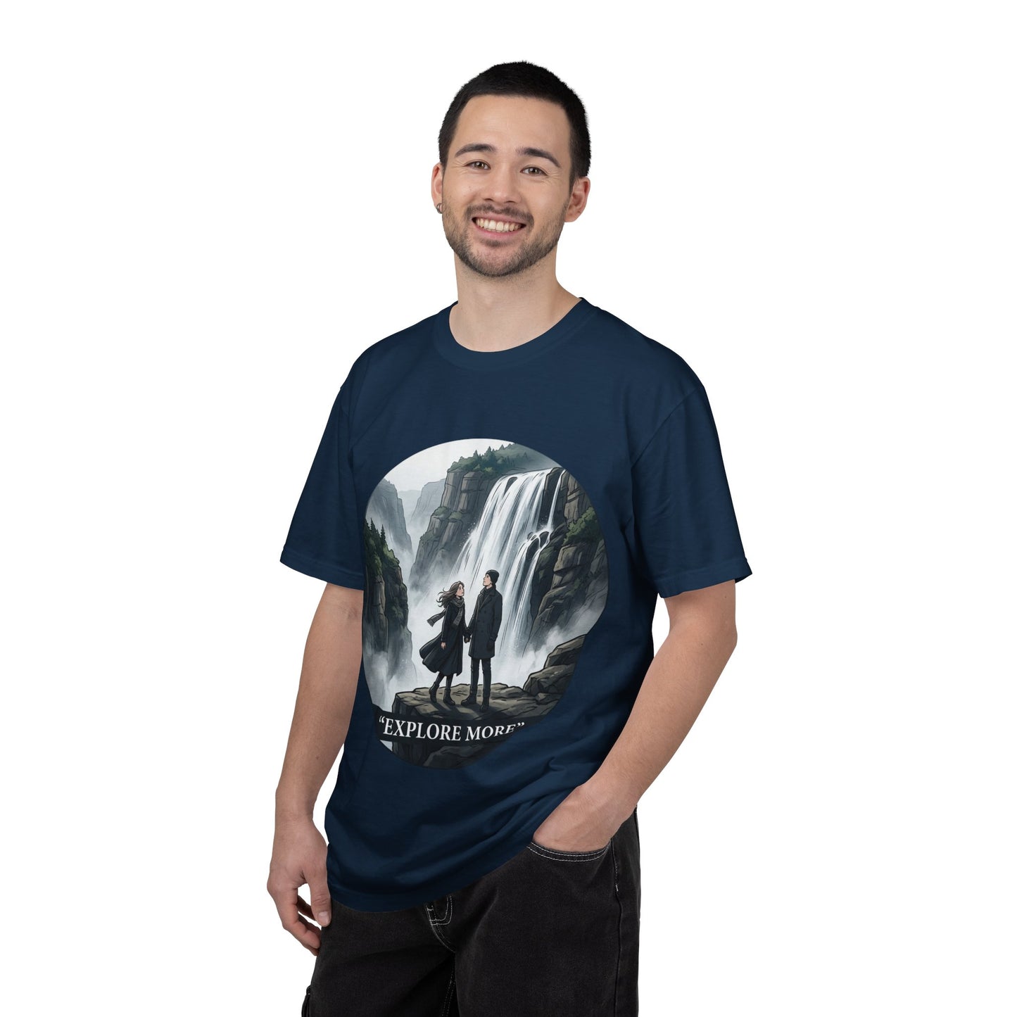 Explore More T-Shirt — Adventure Graphic Tee with Waterfall Scene