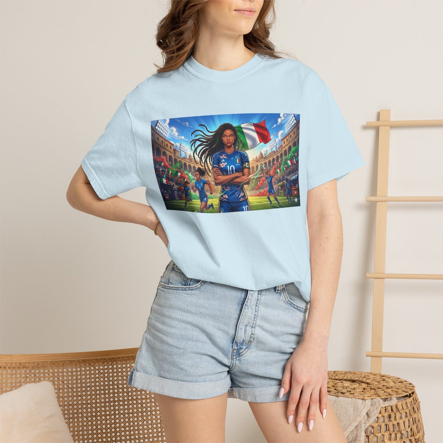 Italian Soccer Fan T‑Shirt – Inspirational Female Player with Italy Flag Stadium Print