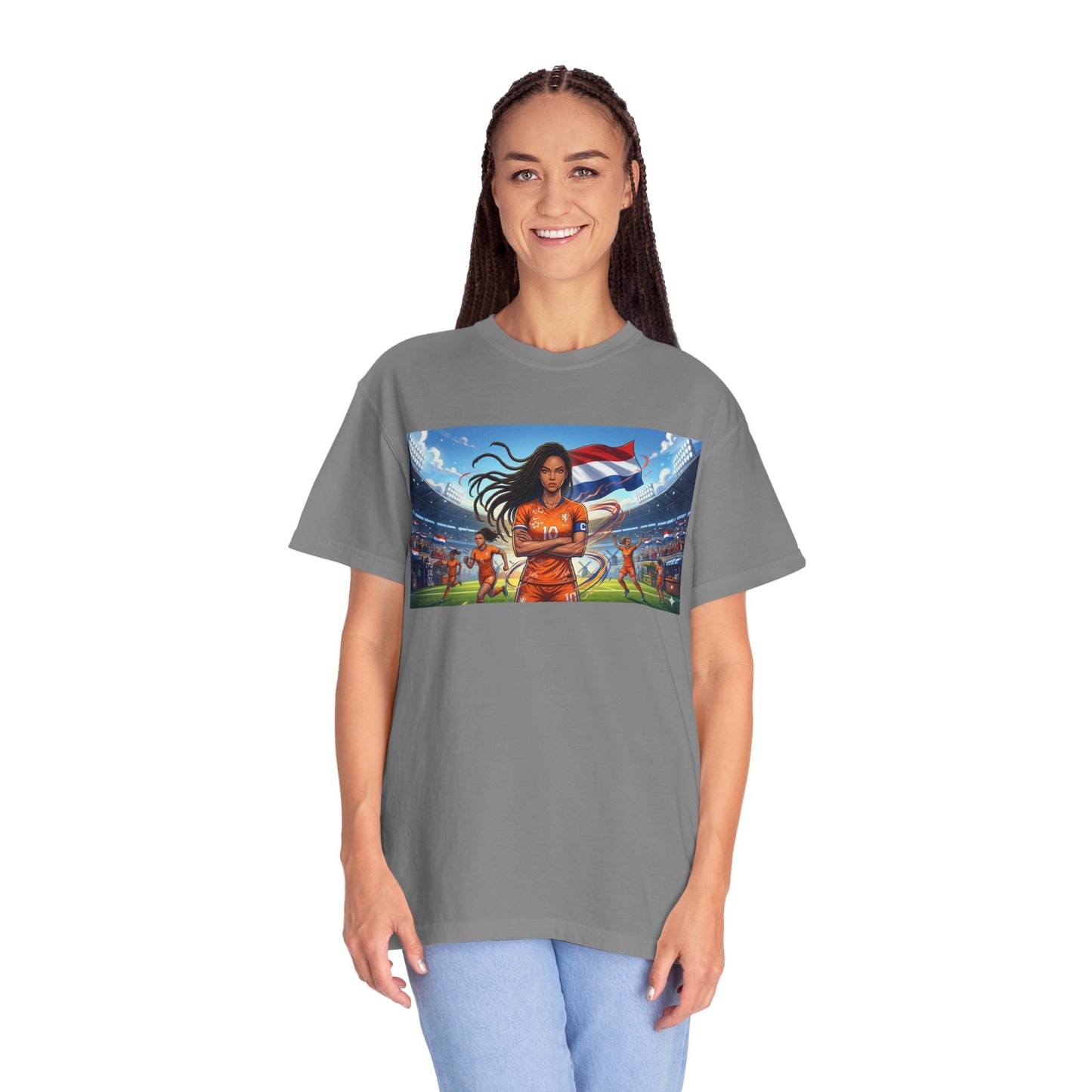Soccer Warrior T-Shirt — Netherlands Female Captain with Flag Stadium Graphic