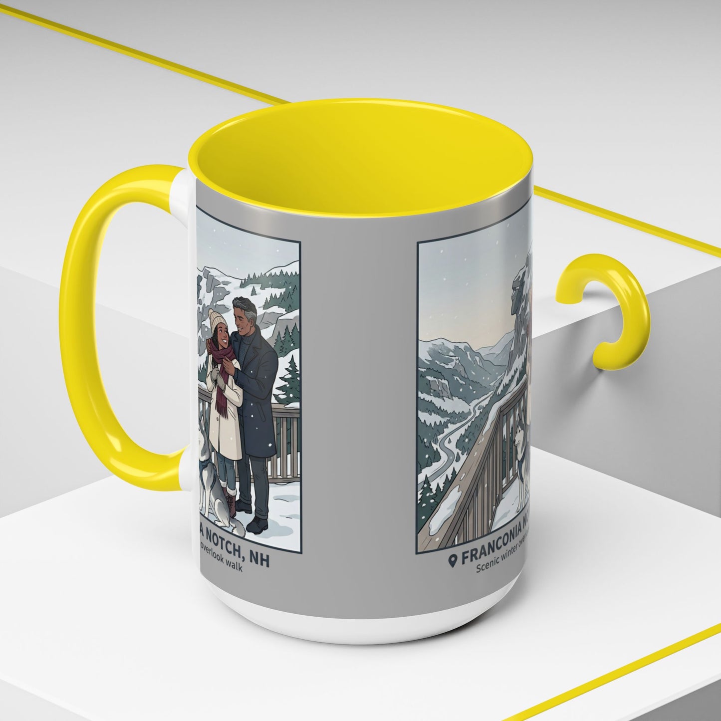 Franconia Notch Scenic Winter Mug — Couples & Dog Snowy Overlook Coffee Cup (11/15oz)
