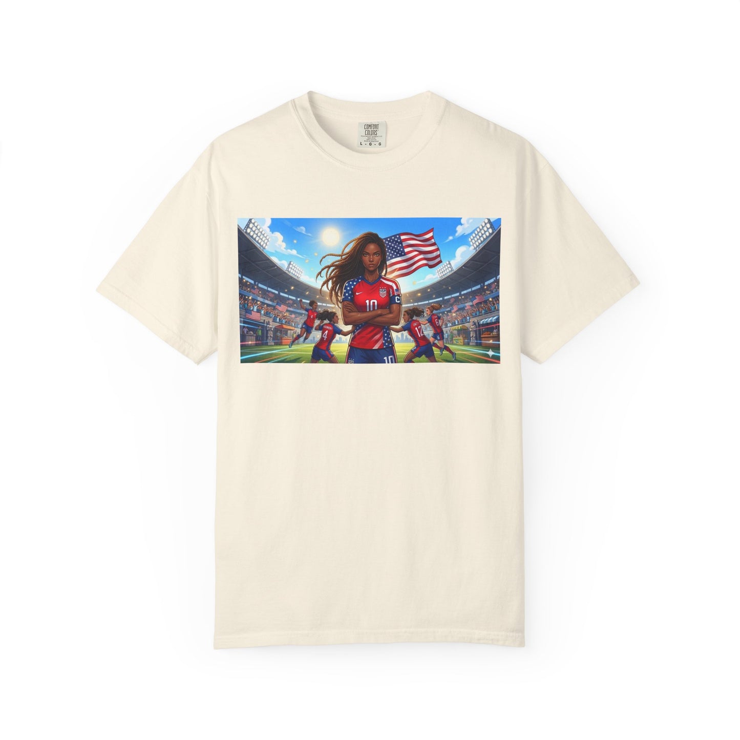 Soccer Mom USA T-Shirt — Female Soccer Player with American Flag Stadium Graphic