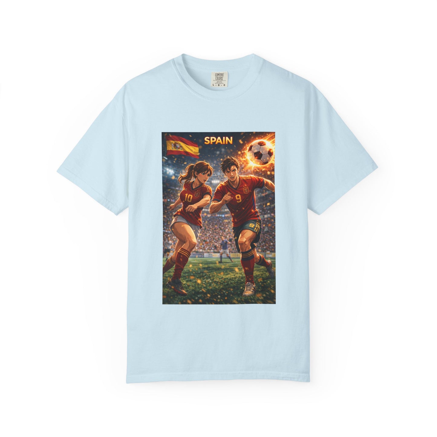 Spain Soccer Graphic T-Shirt — Retro Match Scene with Flag