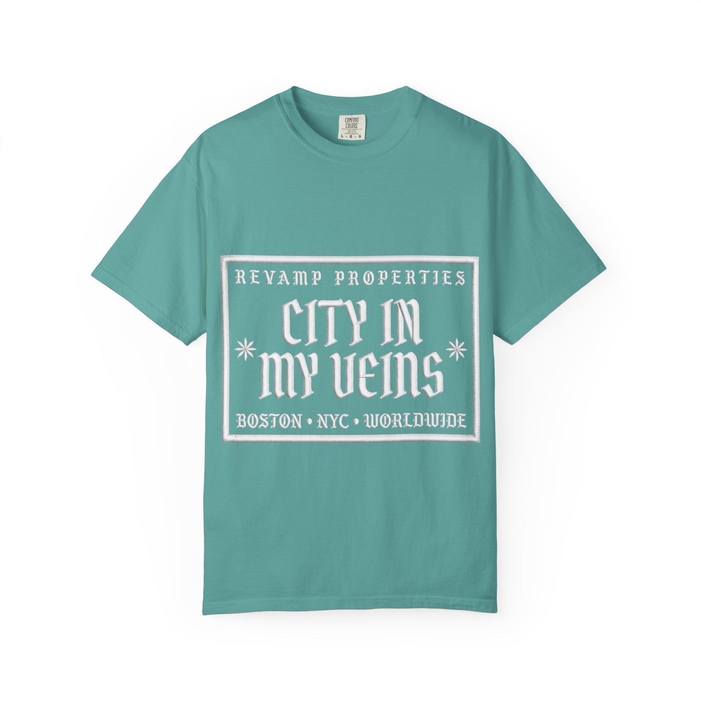 City In My Veins T‑Shirt — Vintage Cityscape Tee (Boston • NYC • Manchester)