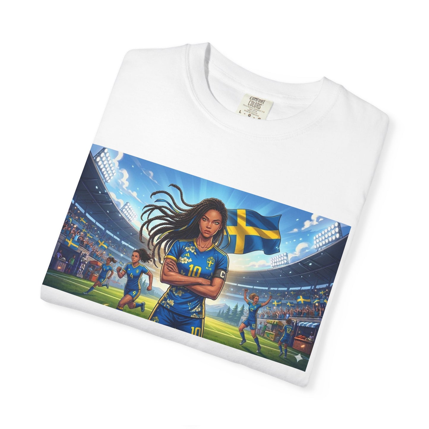 Swedish Soccer Pride T-Shirt — Female Footballer with Flag Stadium Design