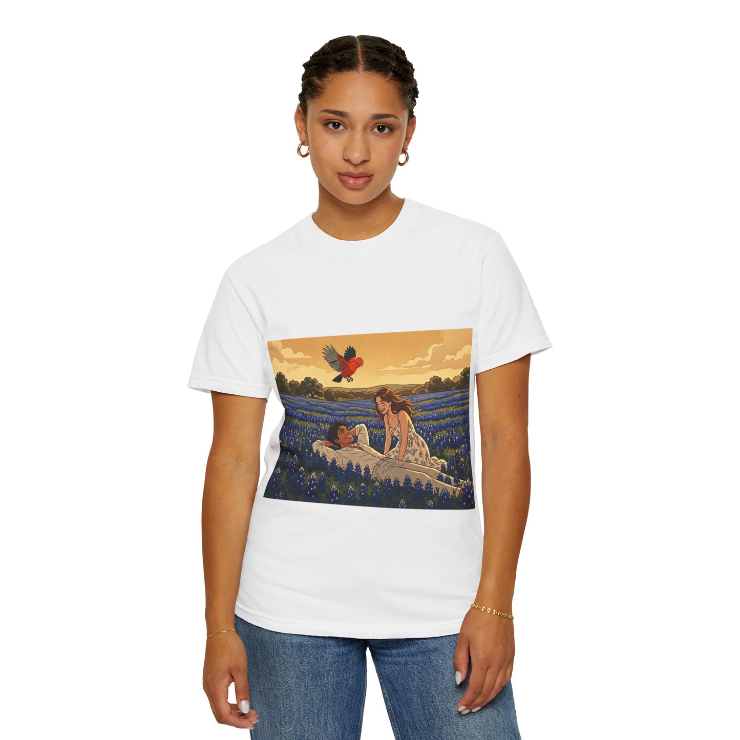 Romantic Bluebonnet Field T-Shirt — Couple in Wildflower Meadow Art Tee