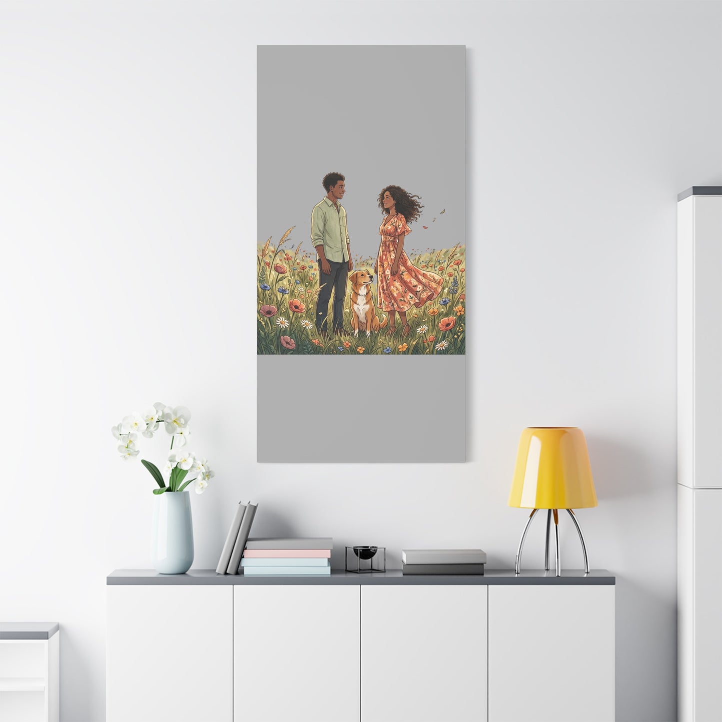 Romantic Couple in Wildflower Field Canvas Art — Black Love Wall Decor with Dog