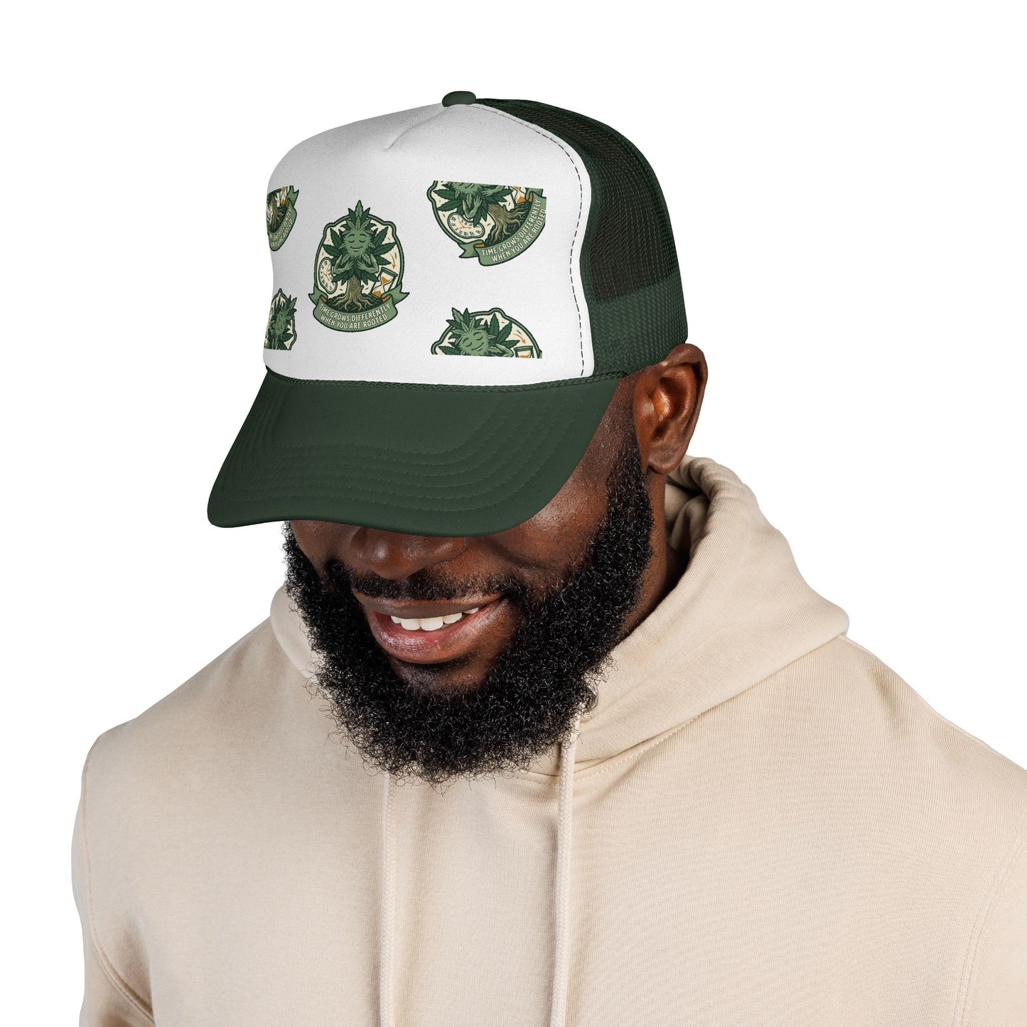 Trucker Cap — Green Botanical Crest Pattern