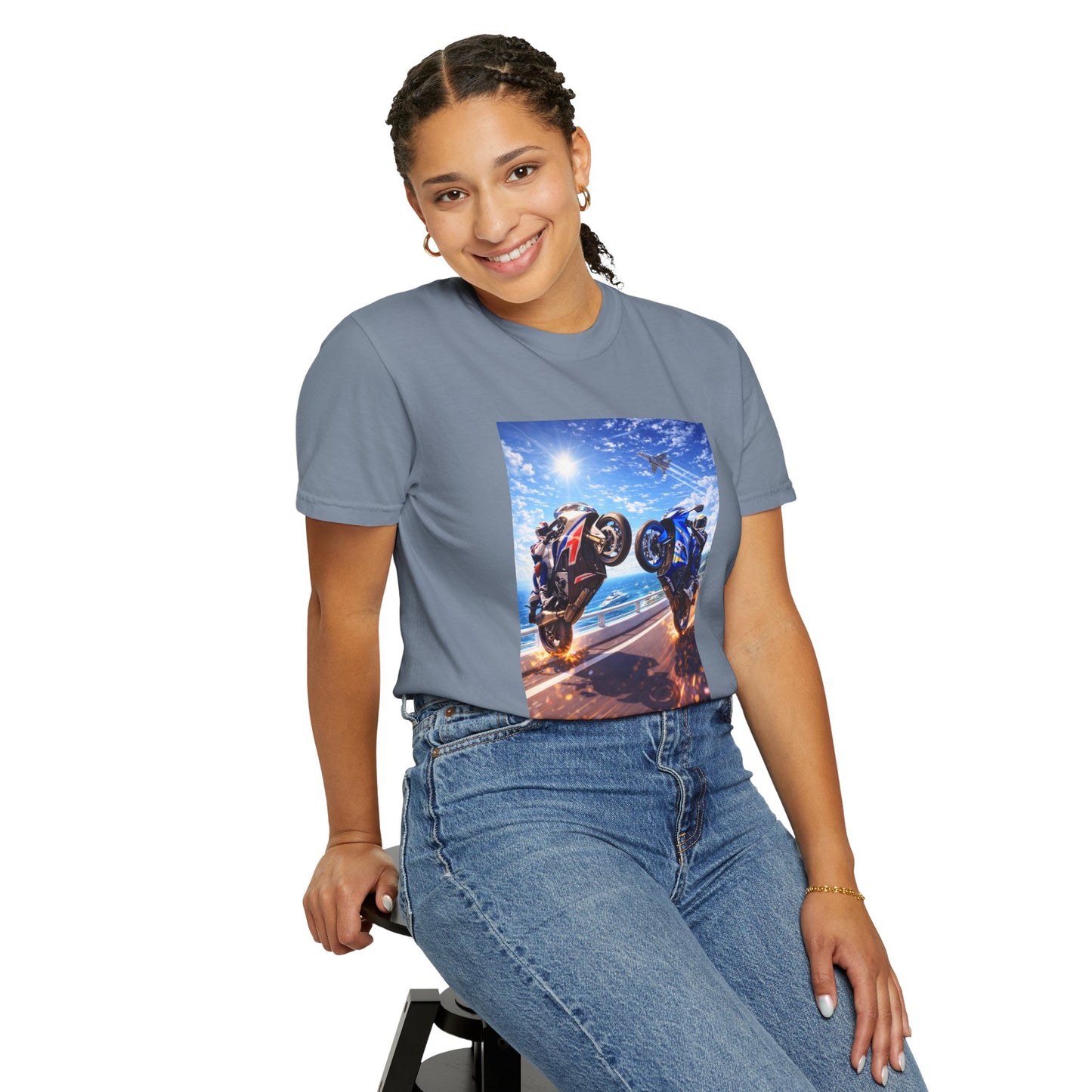 Stunt Riders Motorcycle T-Shirt — Two Bike Wheelie Racing Graphic Tee