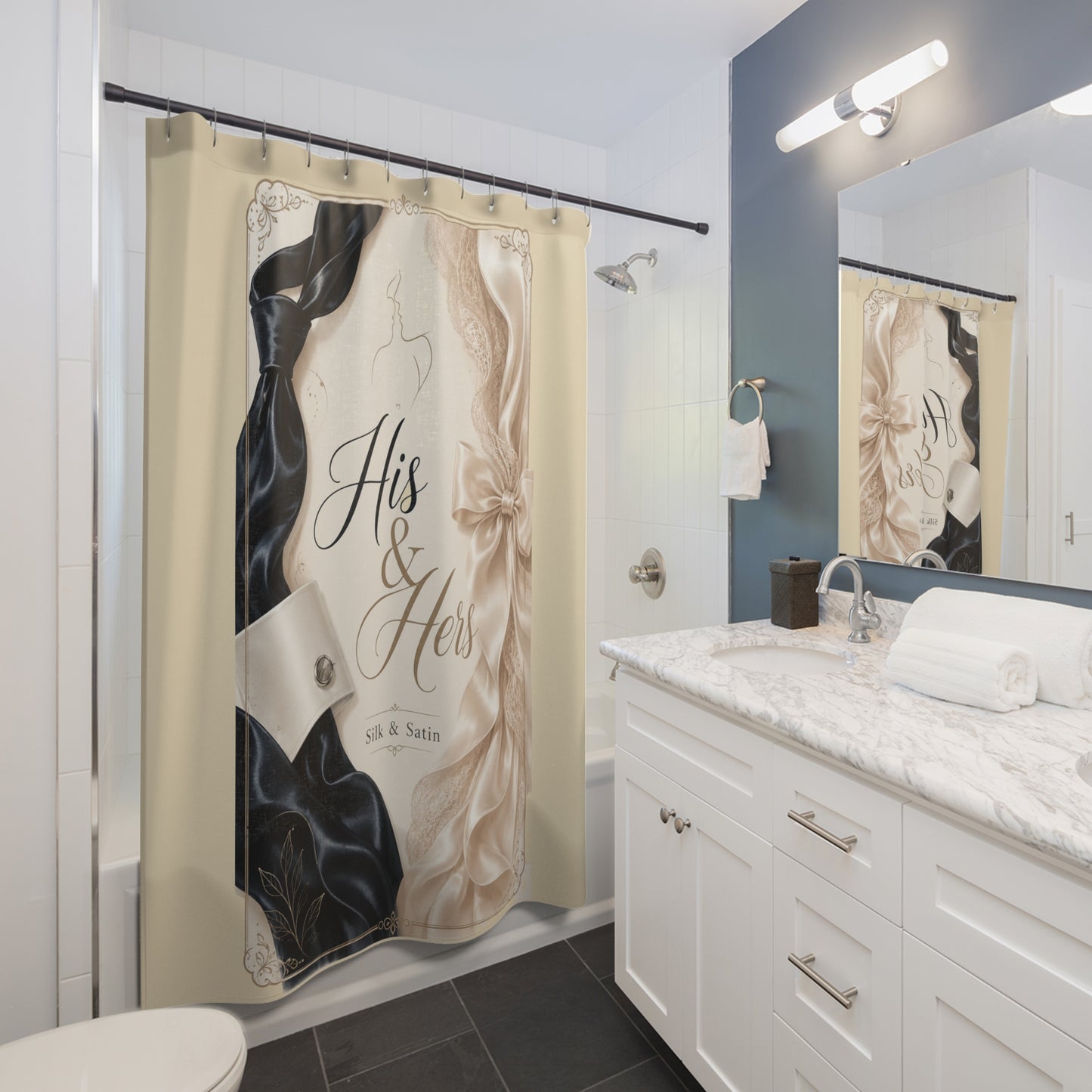 Silk. Satin. Draped in Luxury – His & Hers Cream & Black Luxury Bathroom Décor