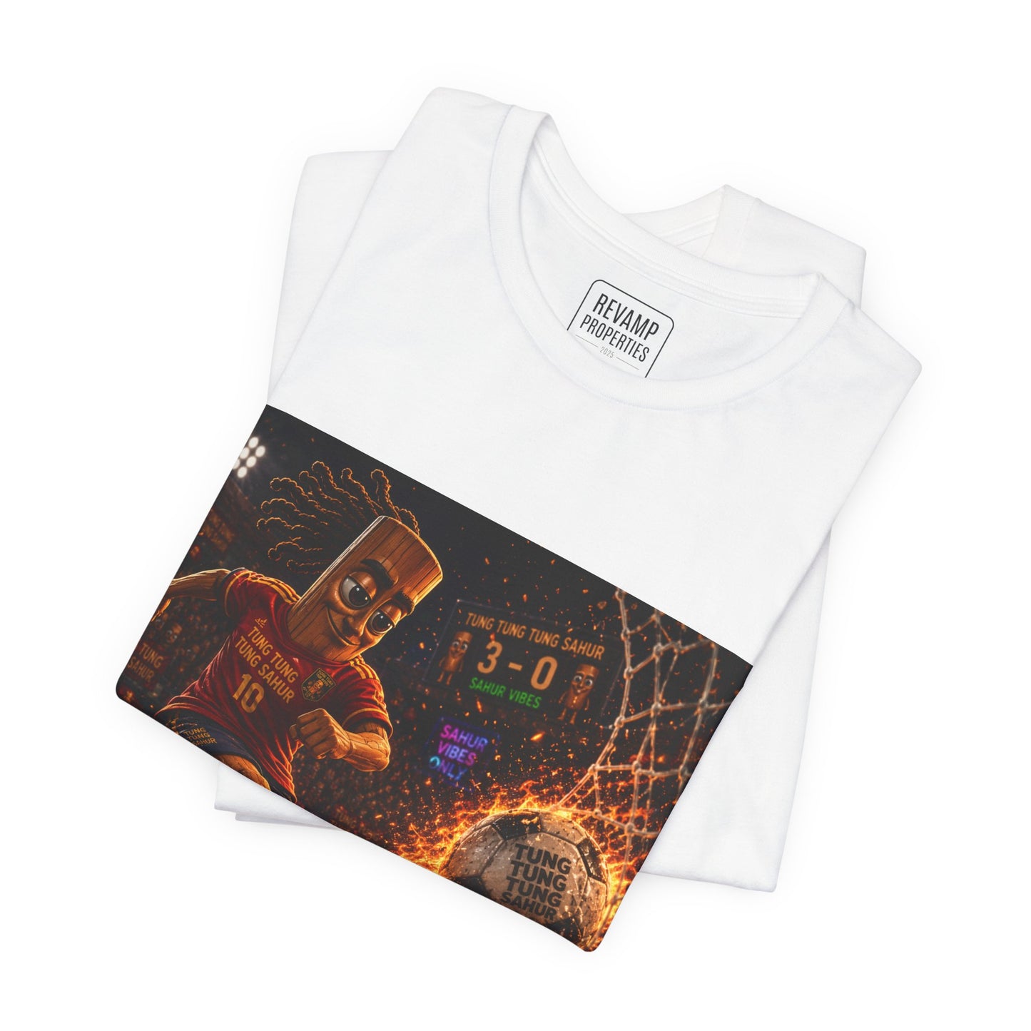 Tung Tung Tung Sahur Soccer Kick Firestorm Graphic Tee — ‘Goal’ Animated Kick Design