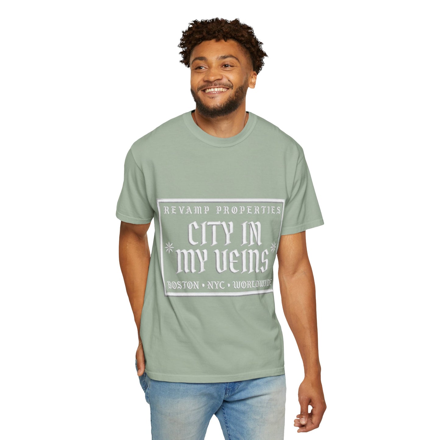 City In My Veins T‑Shirt — Vintage Cityscape Tee (Boston • NYC • Manchester)
